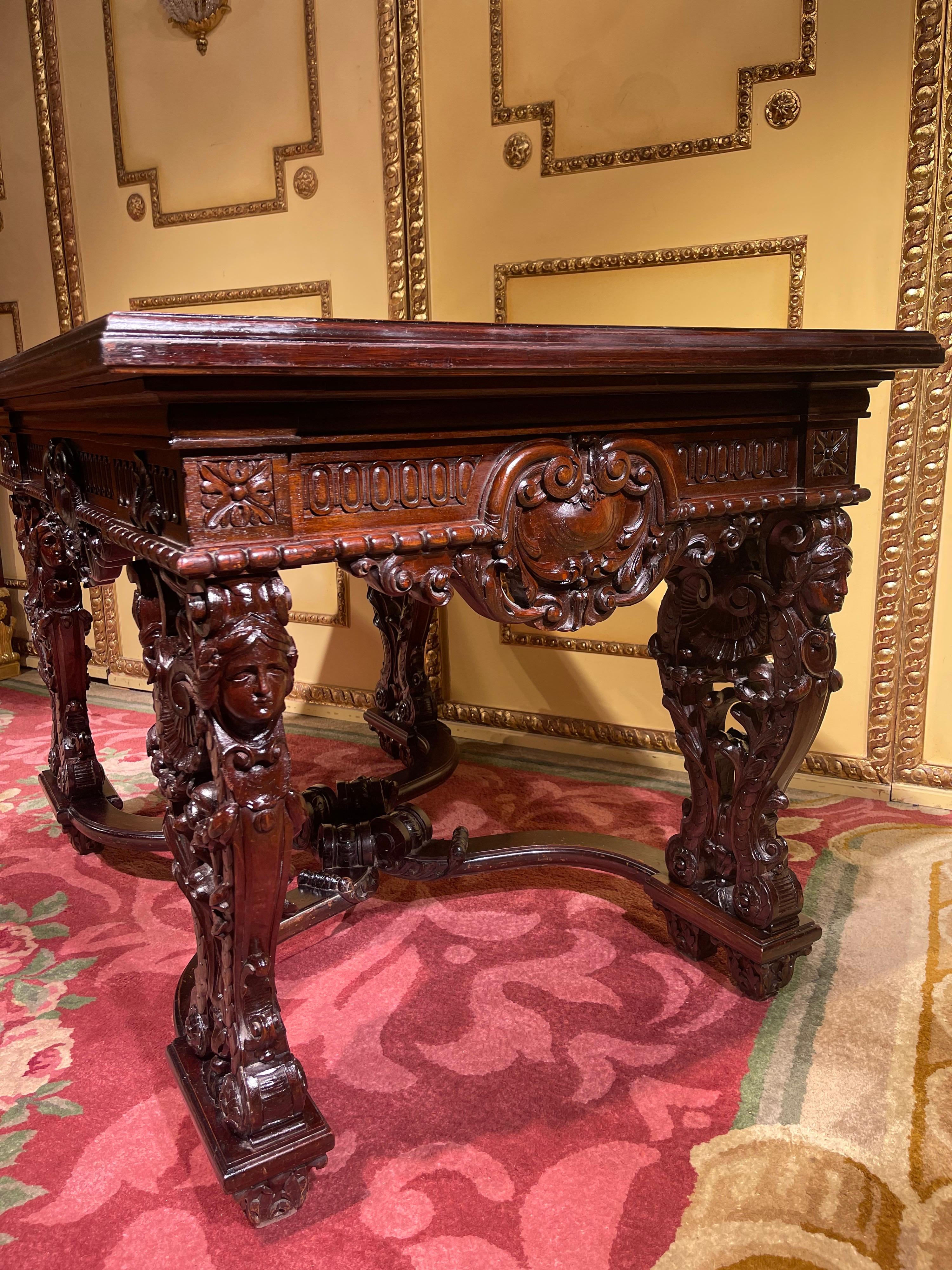 Marble Stately Historicism Salon Table, Solid Oak, around 1880 For Sale