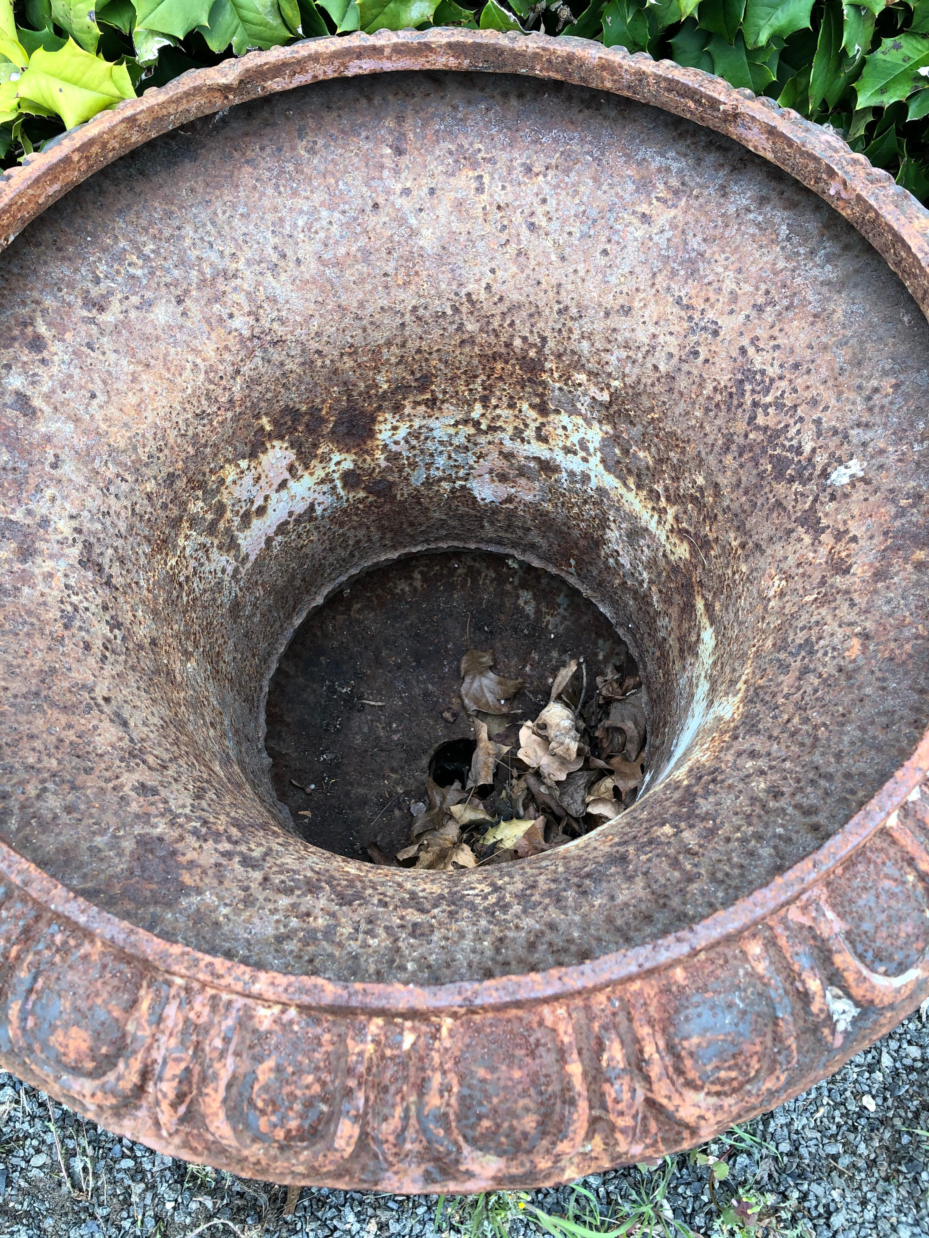 Stately Large Pair of Rust Colored Cast Iron Urn Planters 3