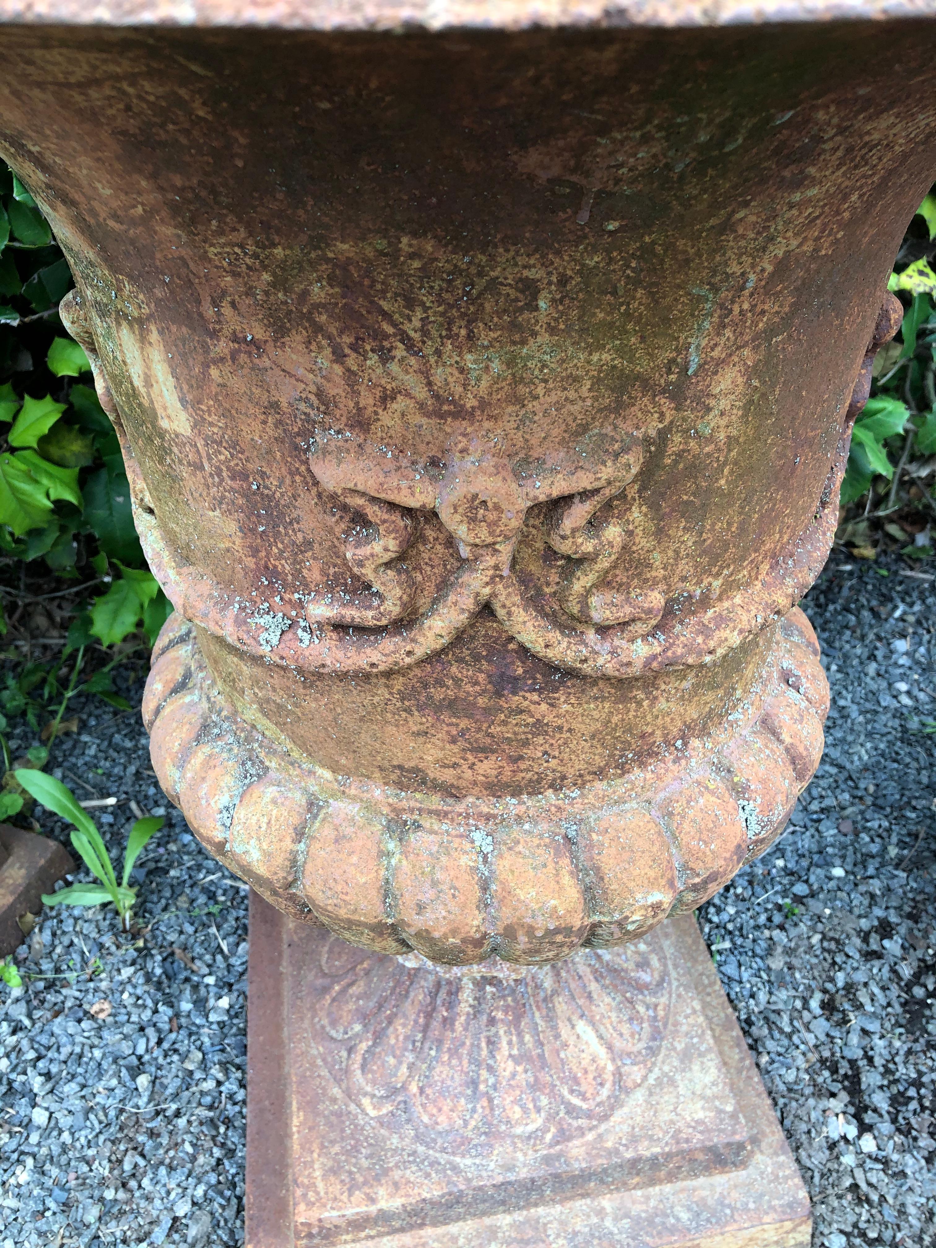 Stately Large Pair of Rust Colored Cast Iron Urn Planters 4