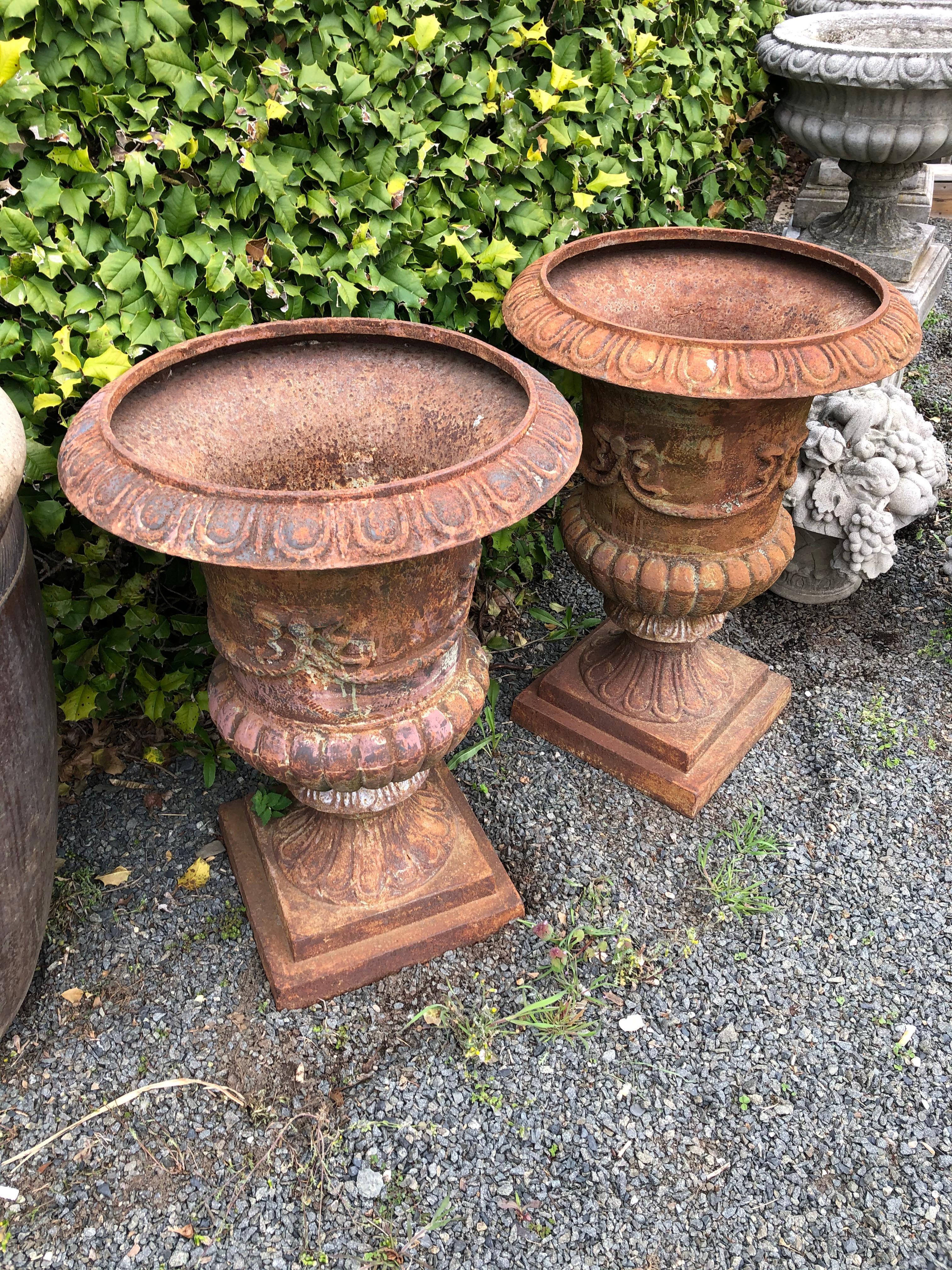 Stately Large Pair of Rust Colored Cast Iron Urn Planters 6