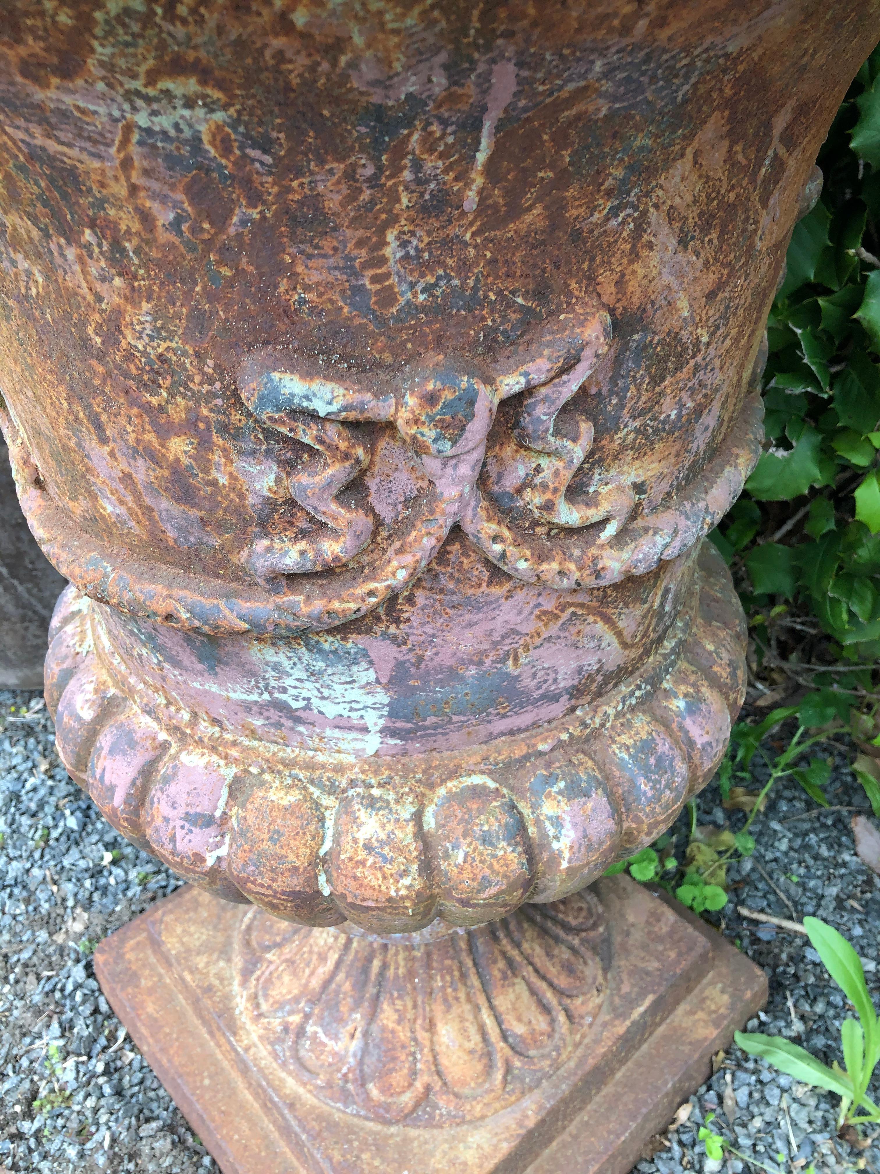 Stately Large Pair of Rust Colored Cast Iron Urn Planters 7