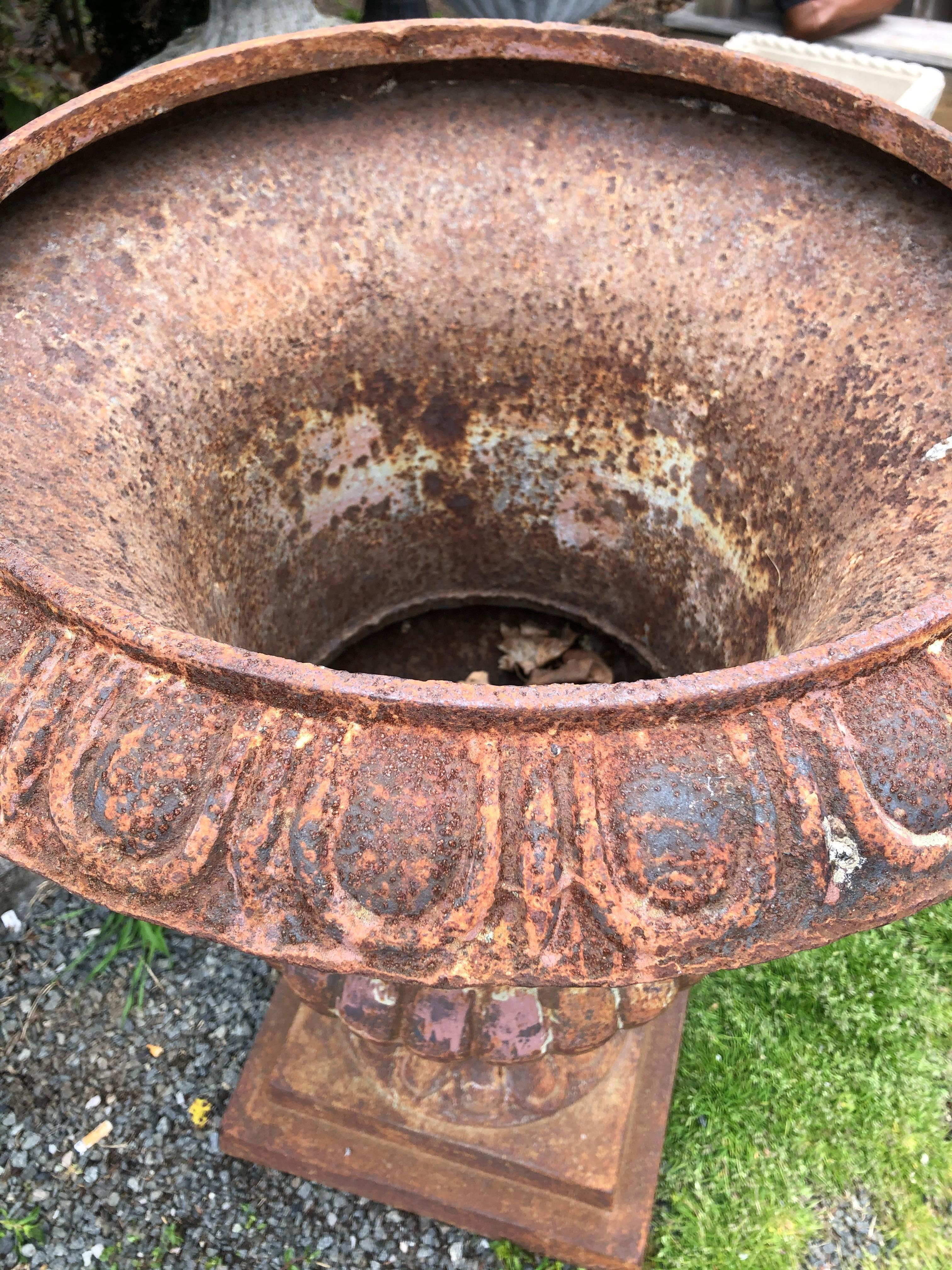 American Stately Large Pair of Rust Colored Cast Iron Urn Planters