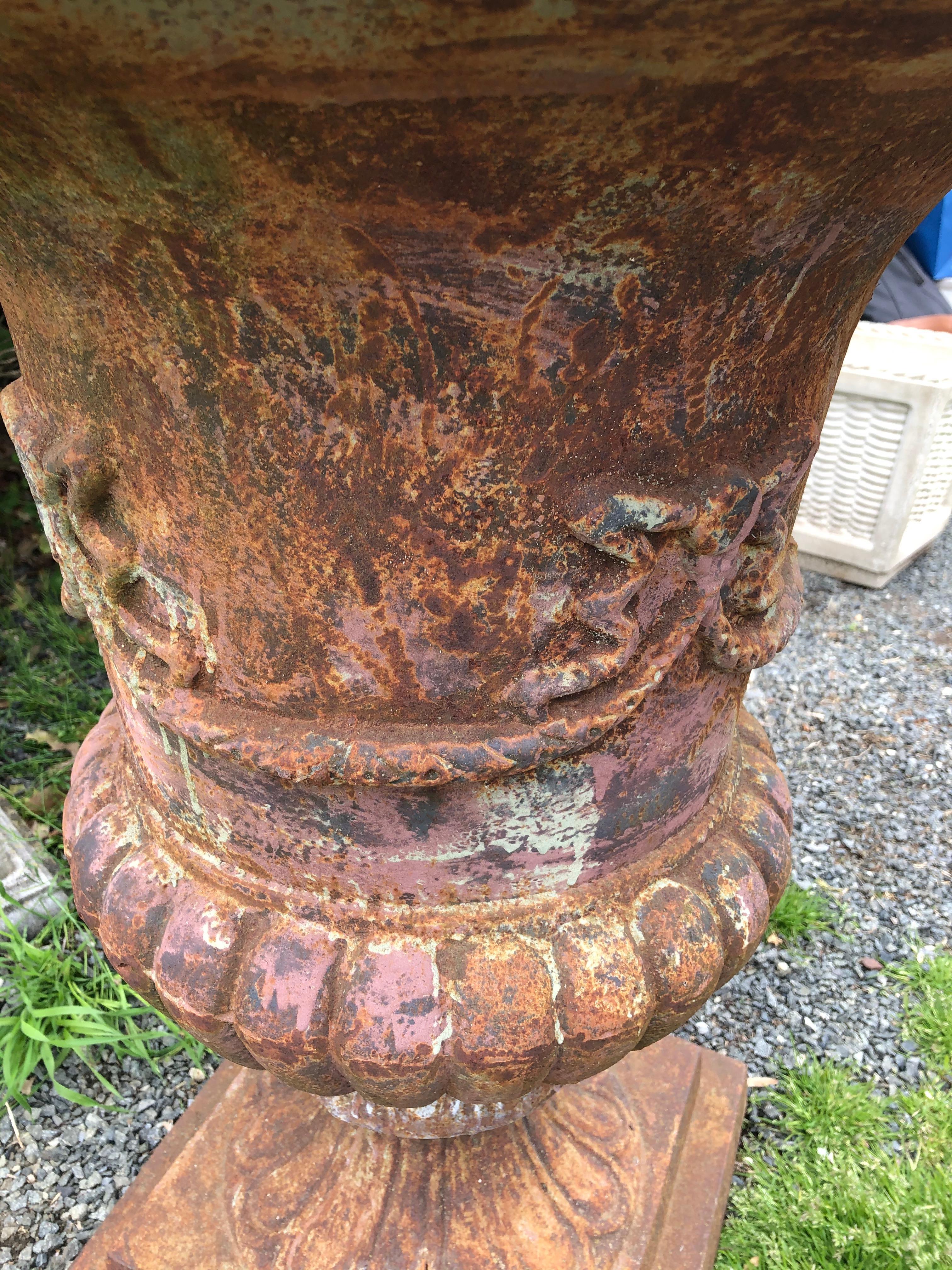 Mid-20th Century Stately Large Pair of Rust Colored Cast Iron Urn Planters
