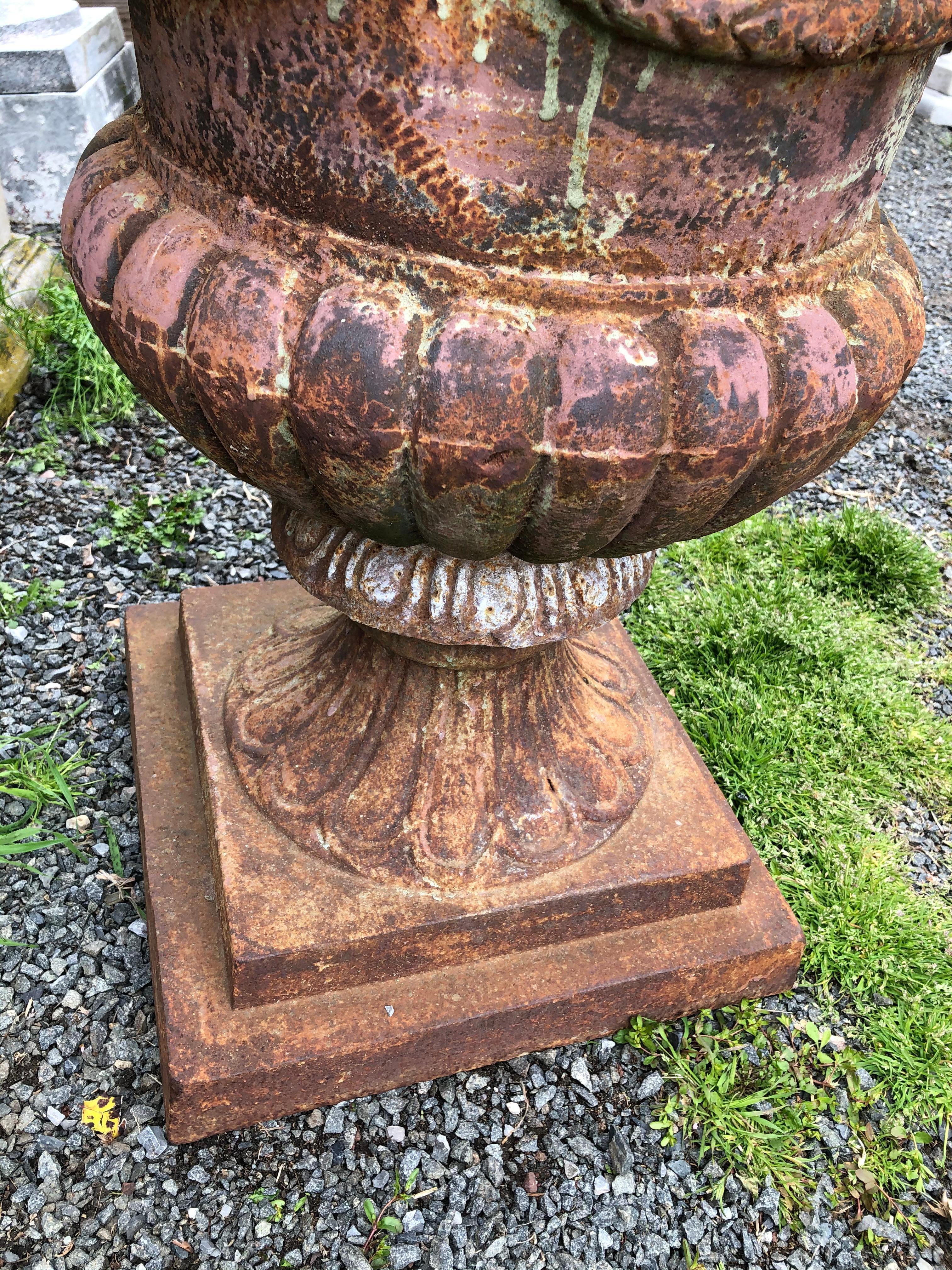 Stately Large Pair of Rust Colored Cast Iron Urn Planters 1