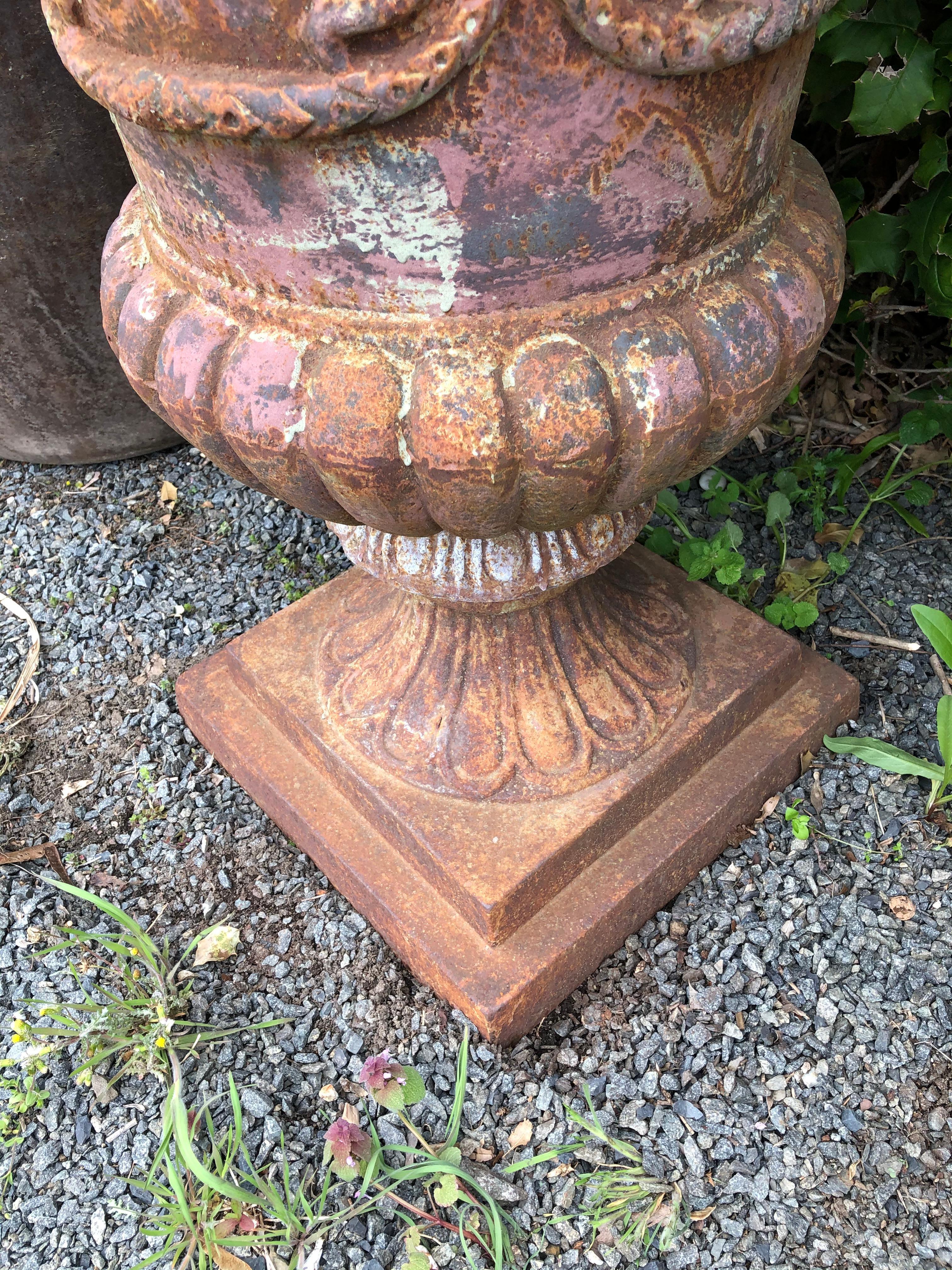 Stately Large Pair of Rust Colored Cast Iron Urn Planters 2