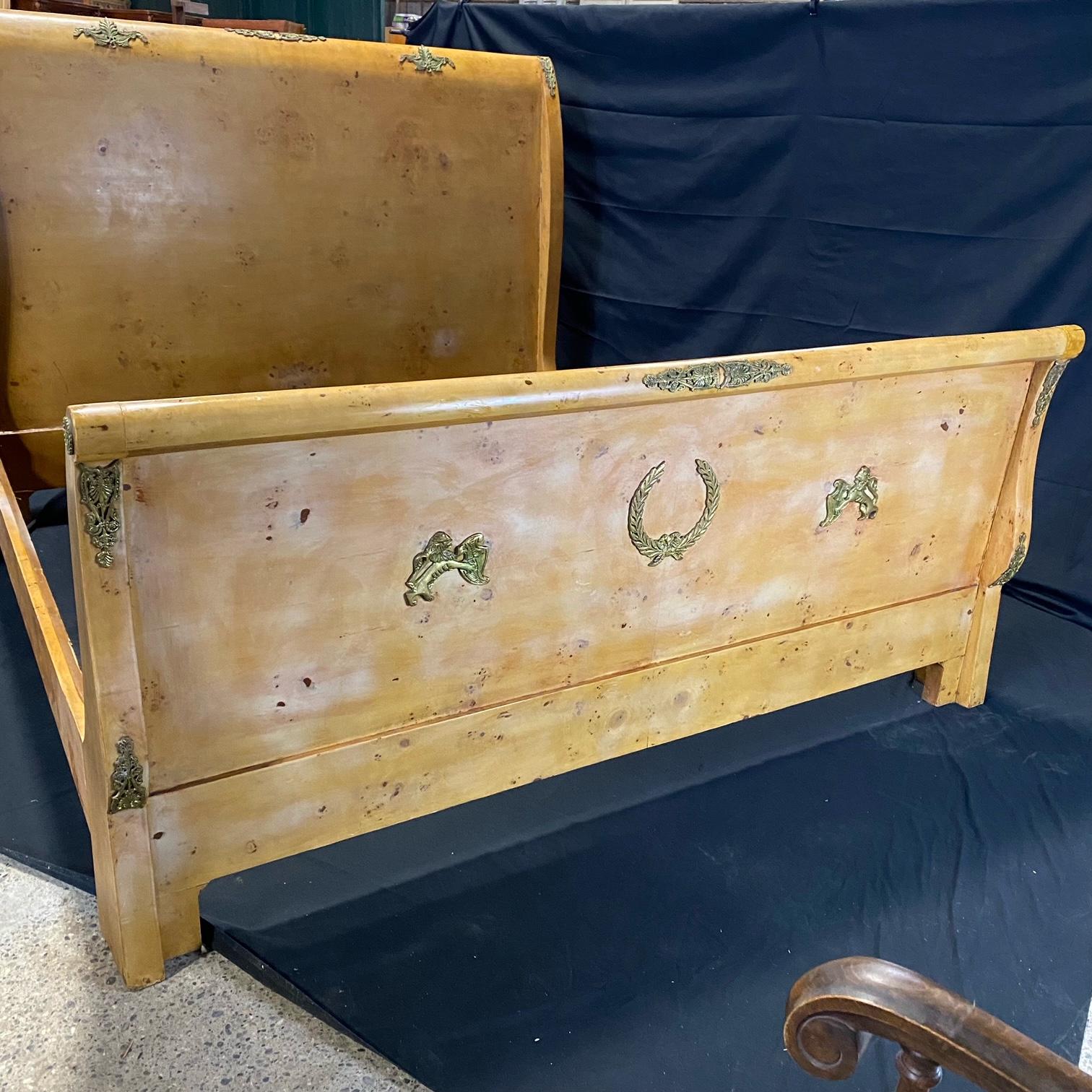 Stately Louis XVI King Sized Burled Walnut Bed with Bronze Acanthus Wreaths 1