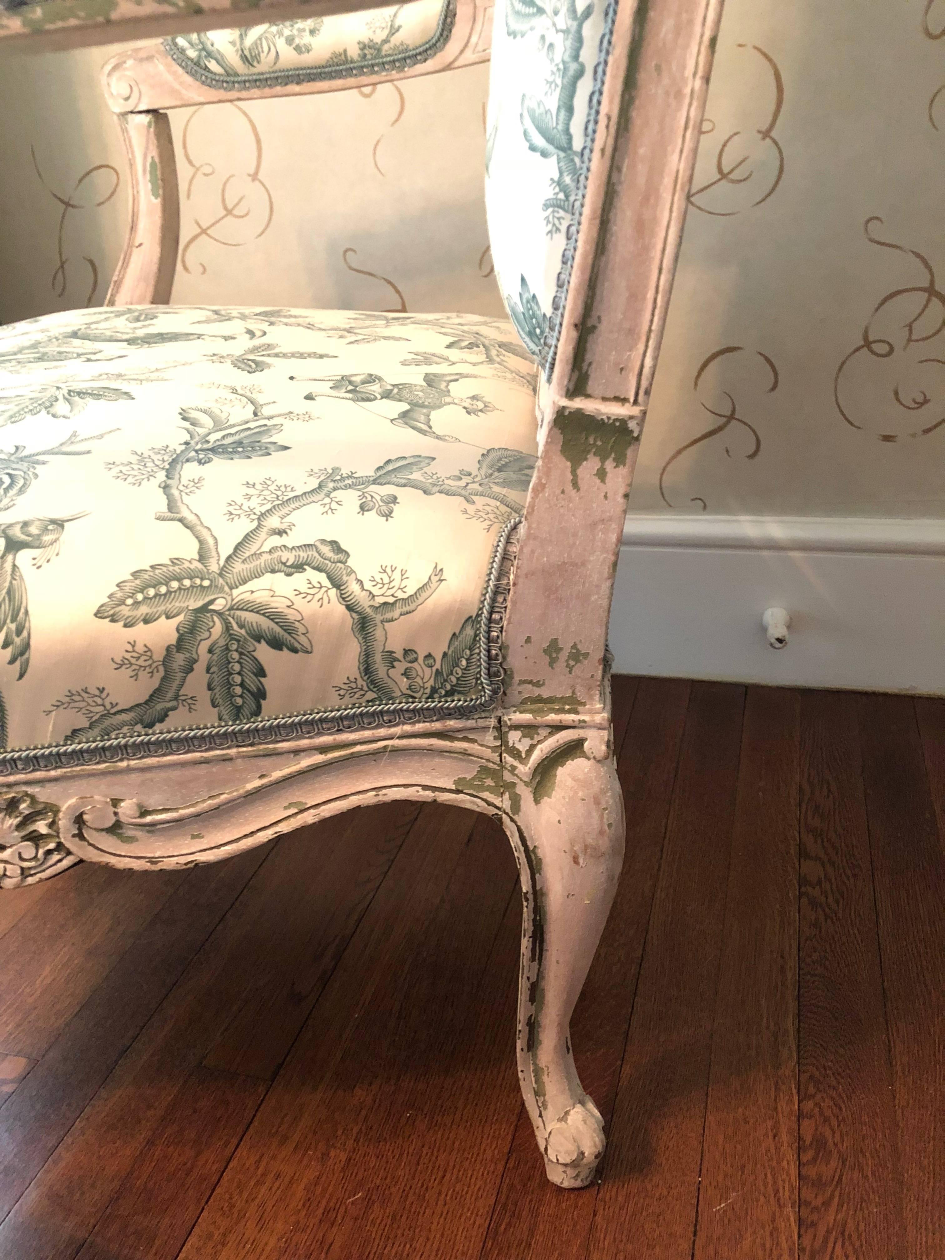 Stately Louis XVI Style Chinoiserie Upholstered Armchair In Distressed Condition In Hopewell, NJ