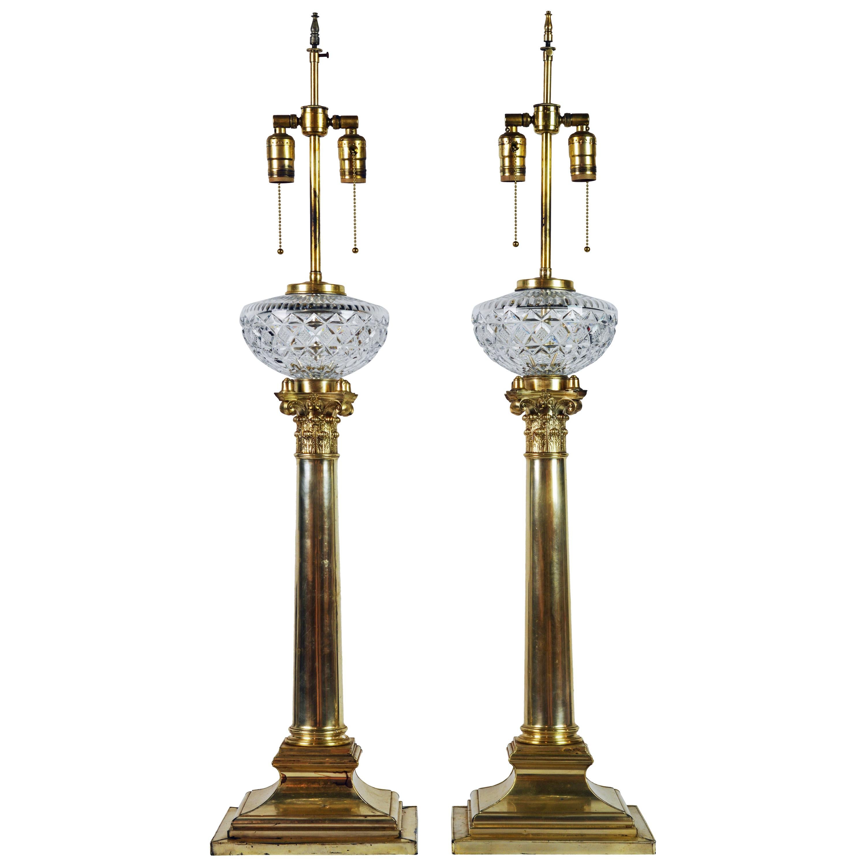 Stately Pair of 19th Century English Silvered Corinthian Column Table Lamps