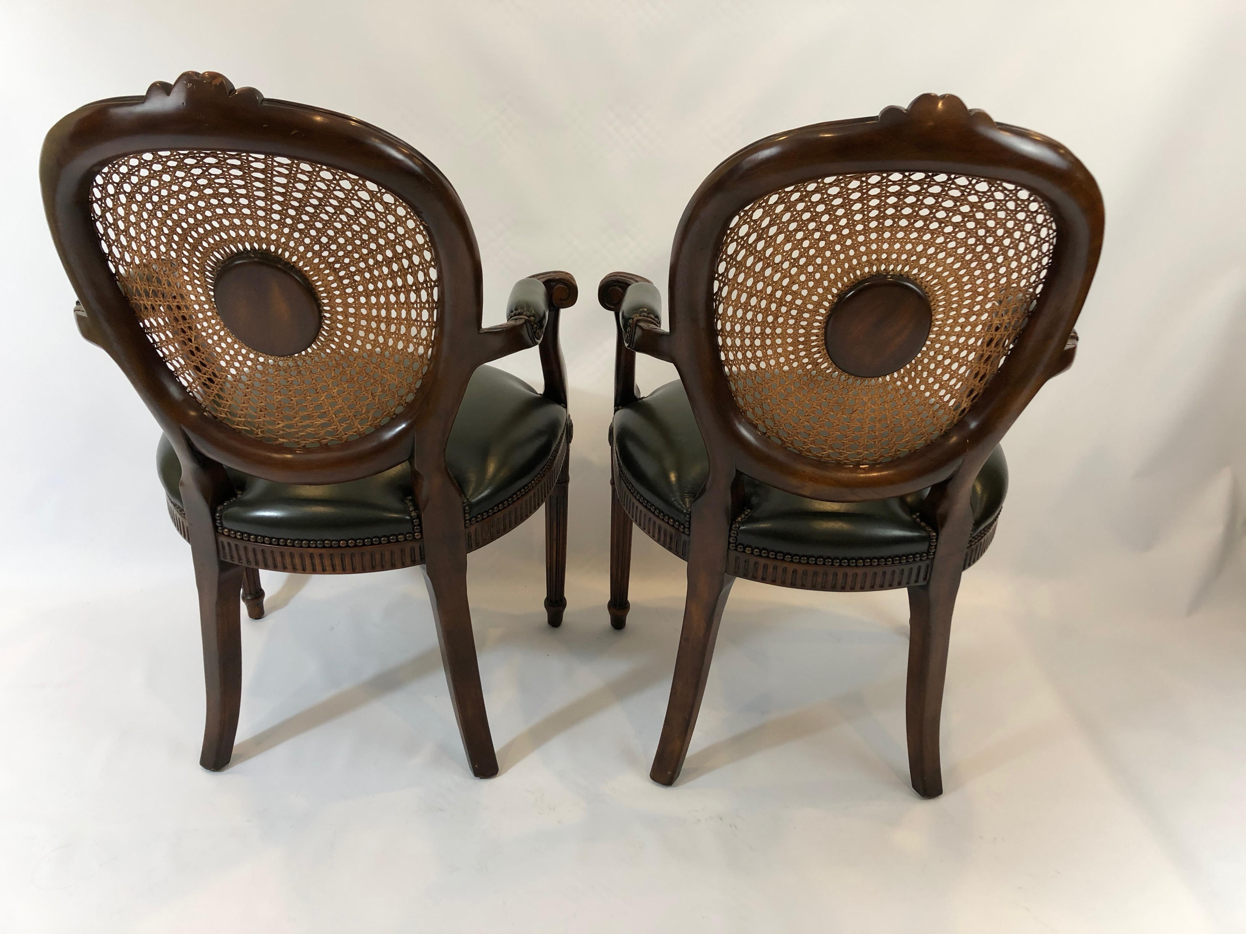 Stately Pair of Caned Carved Walnut and Supple Green Leather Armchairs 5