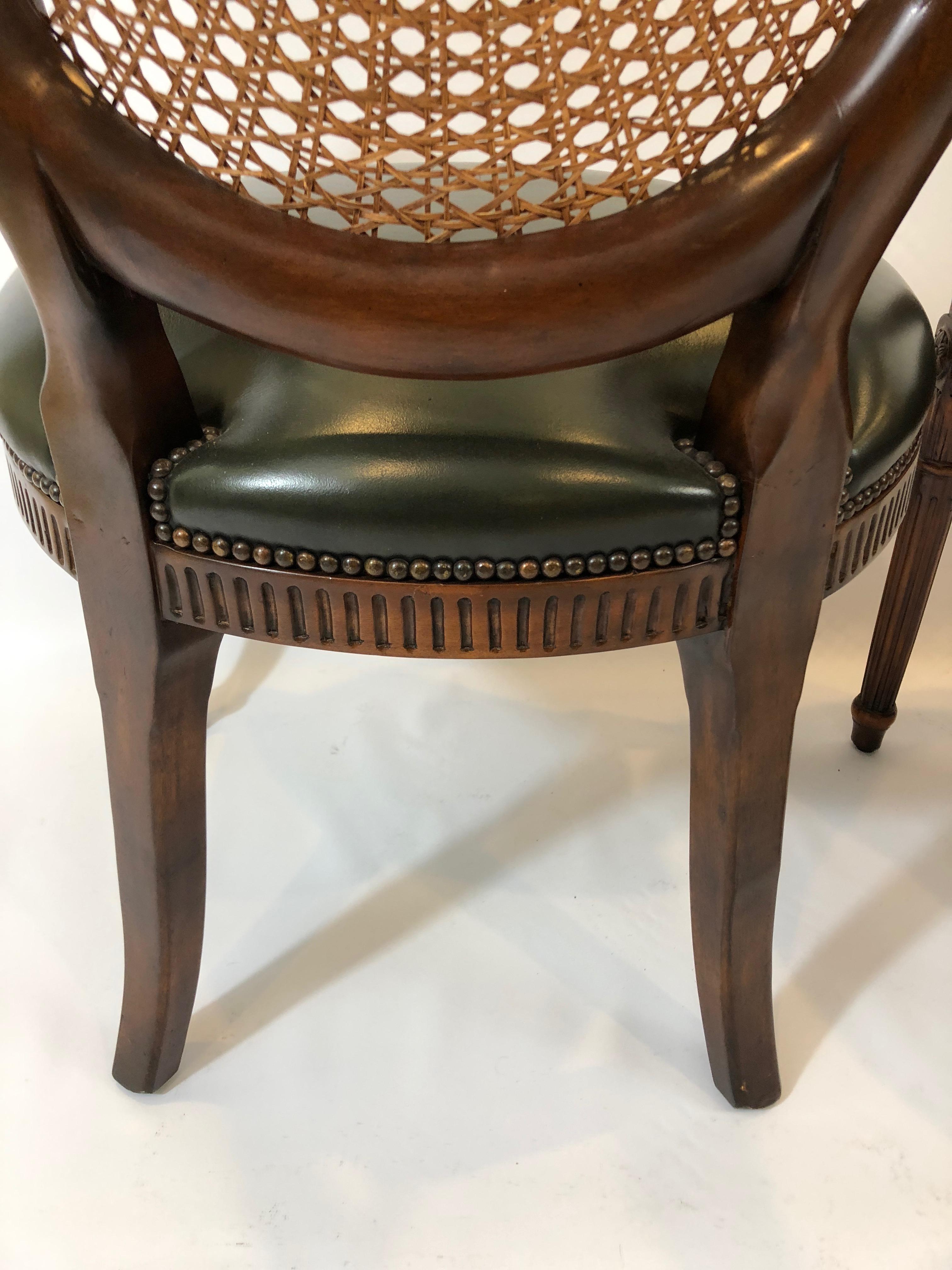 Stately Pair of Caned Carved Walnut and Supple Green Leather Armchairs 7