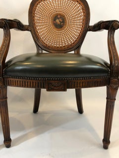 Stately Pair of Caned Carved Walnut and Supple Green Leather Armchairs