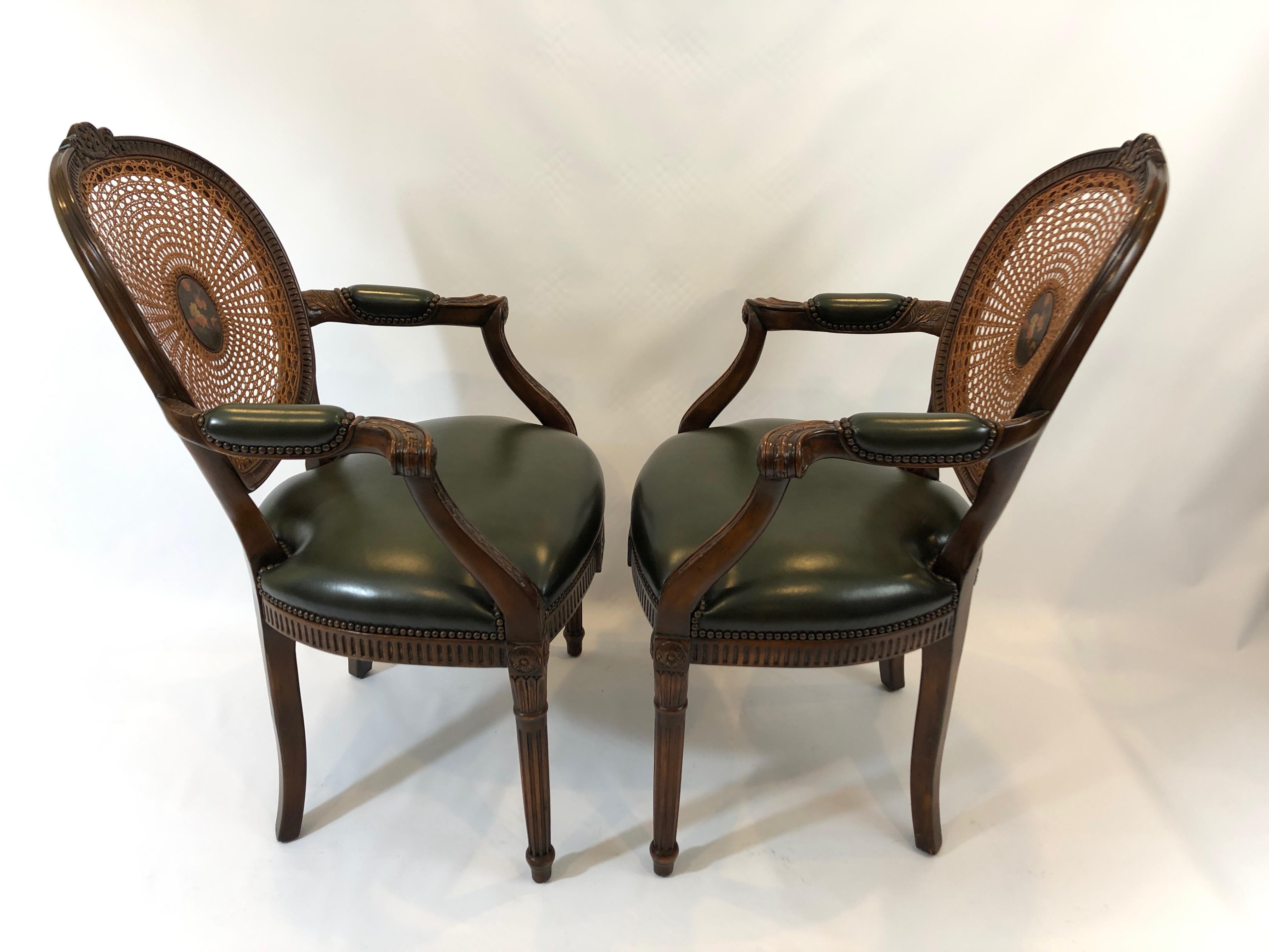 Stately Pair of Caned Carved Walnut and Supple Green Leather Armchairs 3