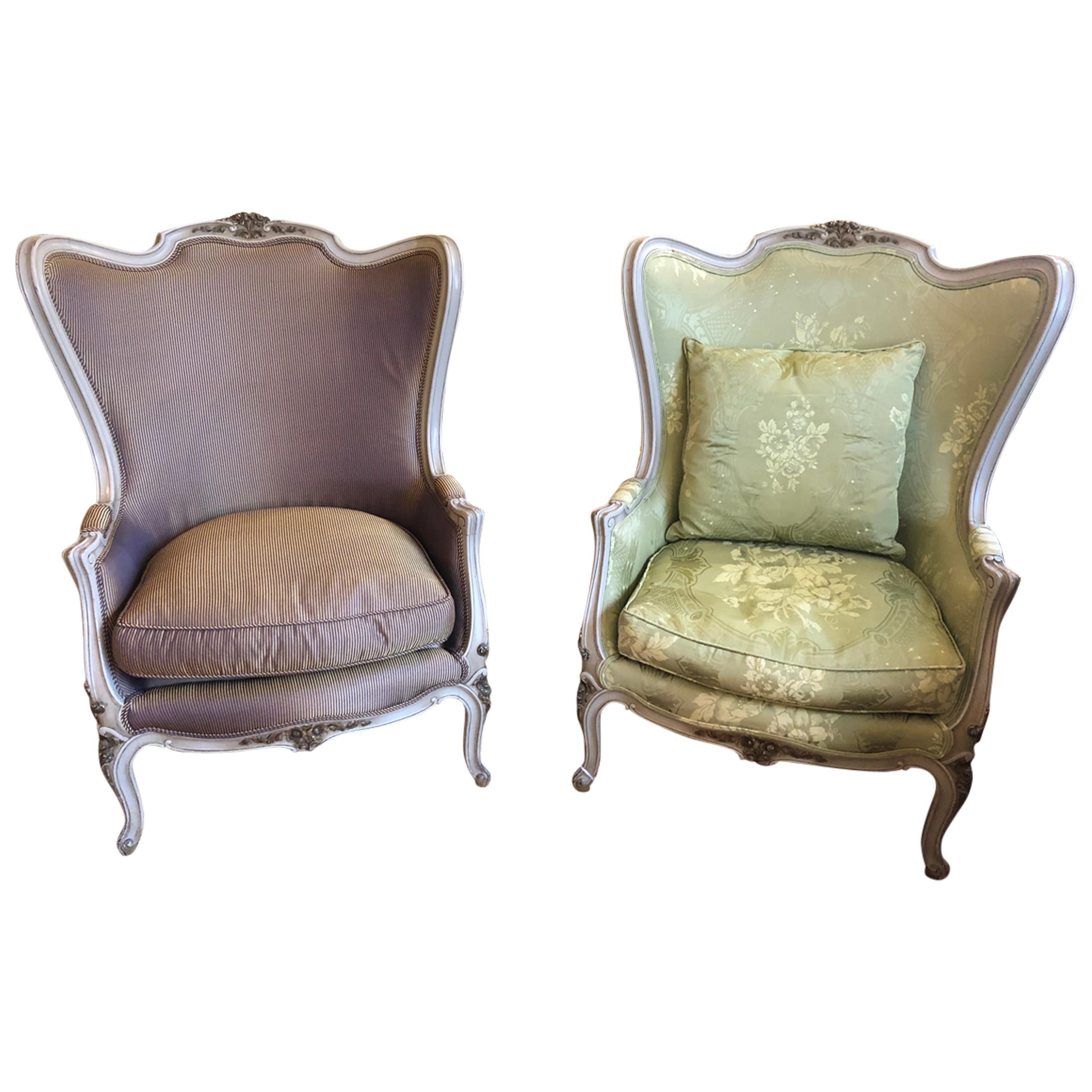 Stately Pair of French Louis XV Style Painted Gilded Beechwood Bergere Chairs