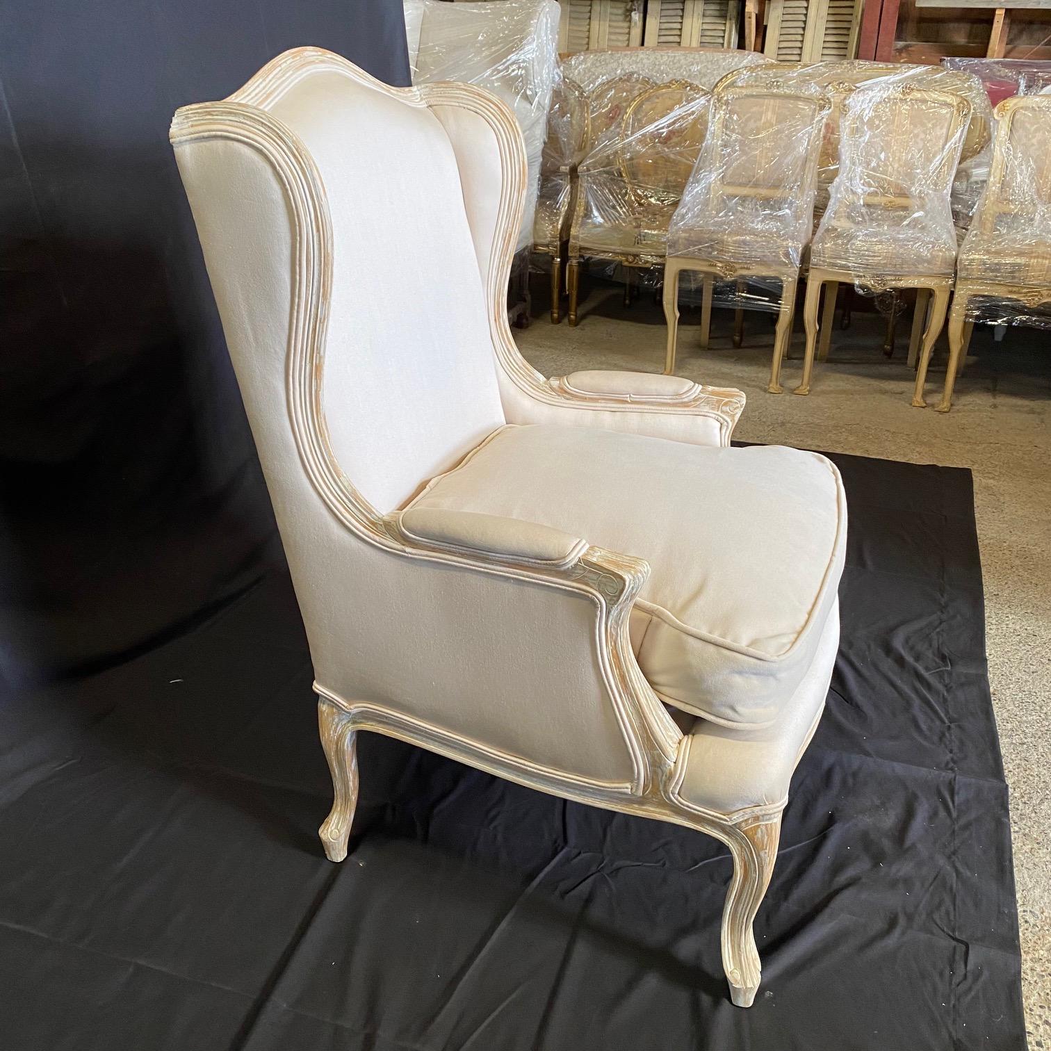 Tissu d'ameublement Stately Pair of French Louis XV Style White Bergere Wing Chairs L en vente