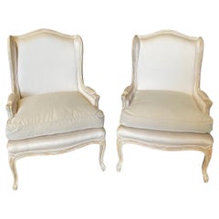 Vintage Stately Pair of French Louis XV Style White Bergere Wing Chairs L