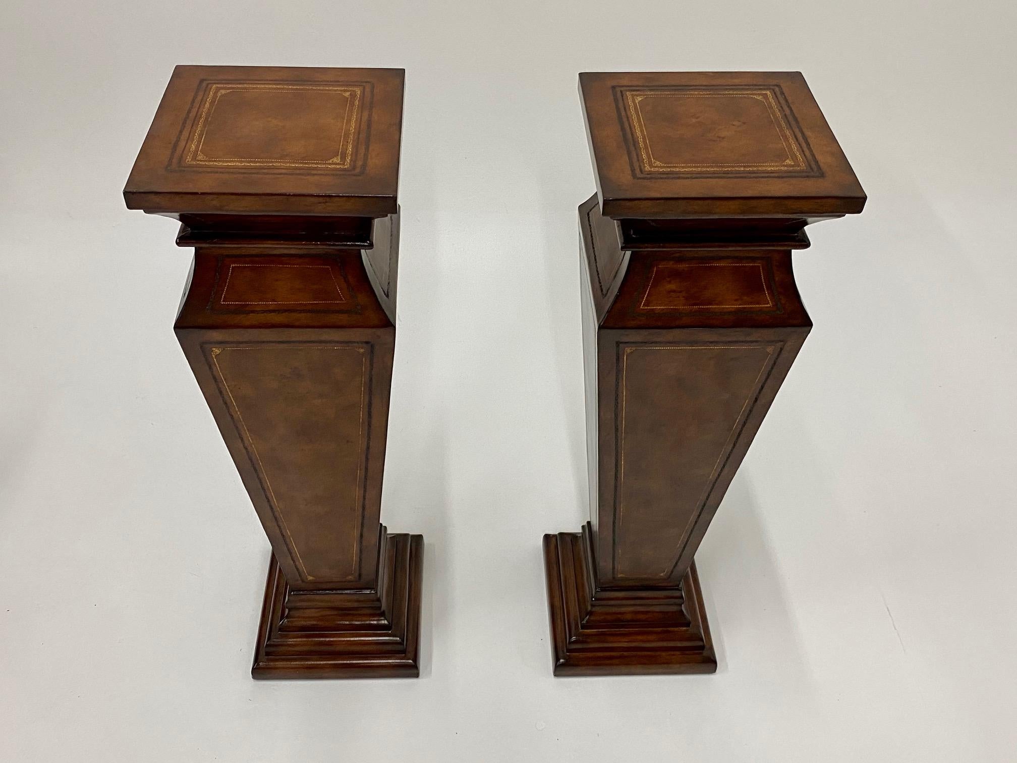 Stately Pair of Leather Wrapped Pedestals with Gold Embossed Decoration 7