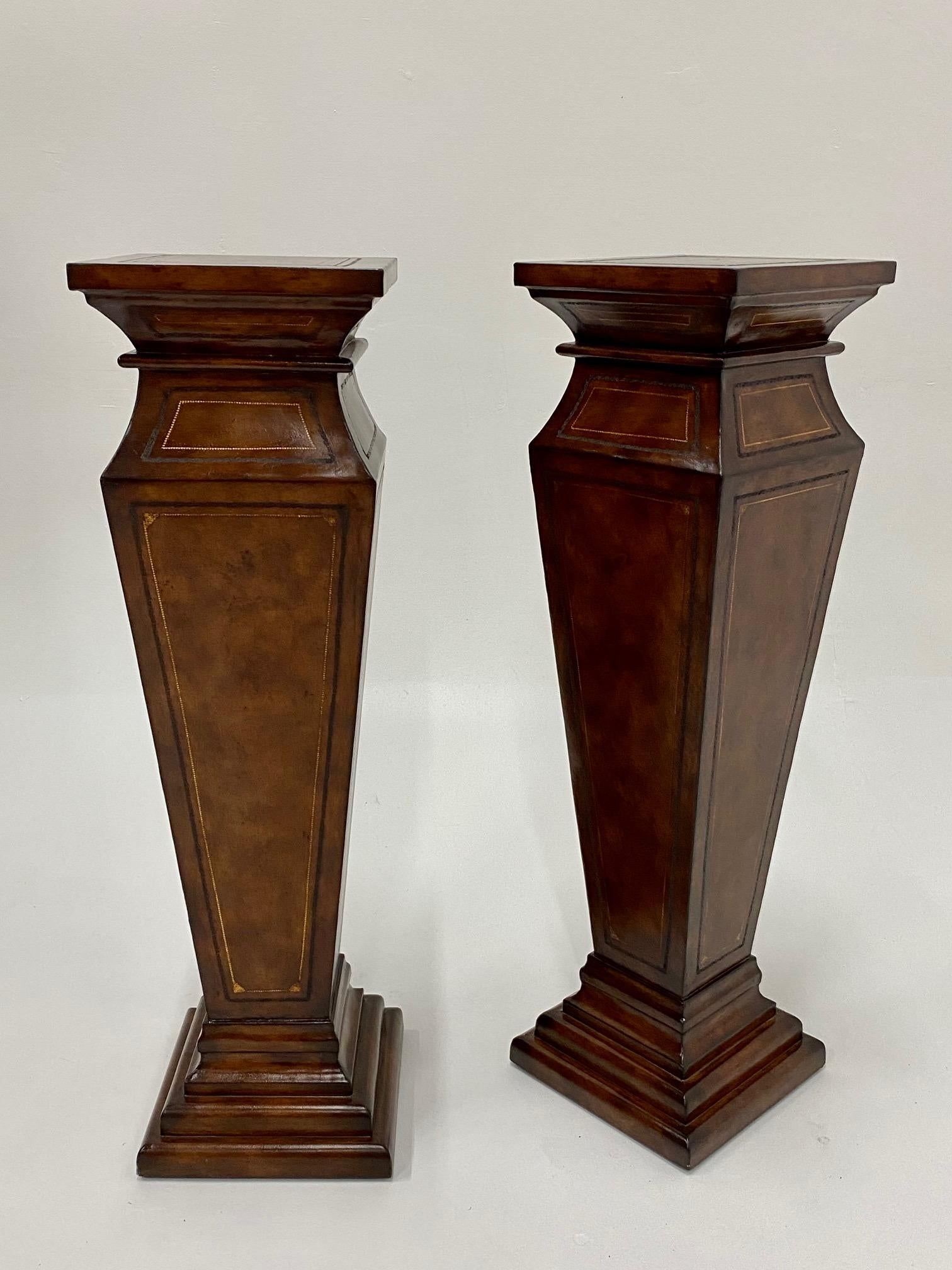 Stately Pair of Leather Wrapped Pedestals with Gold Embossed Decoration 8
