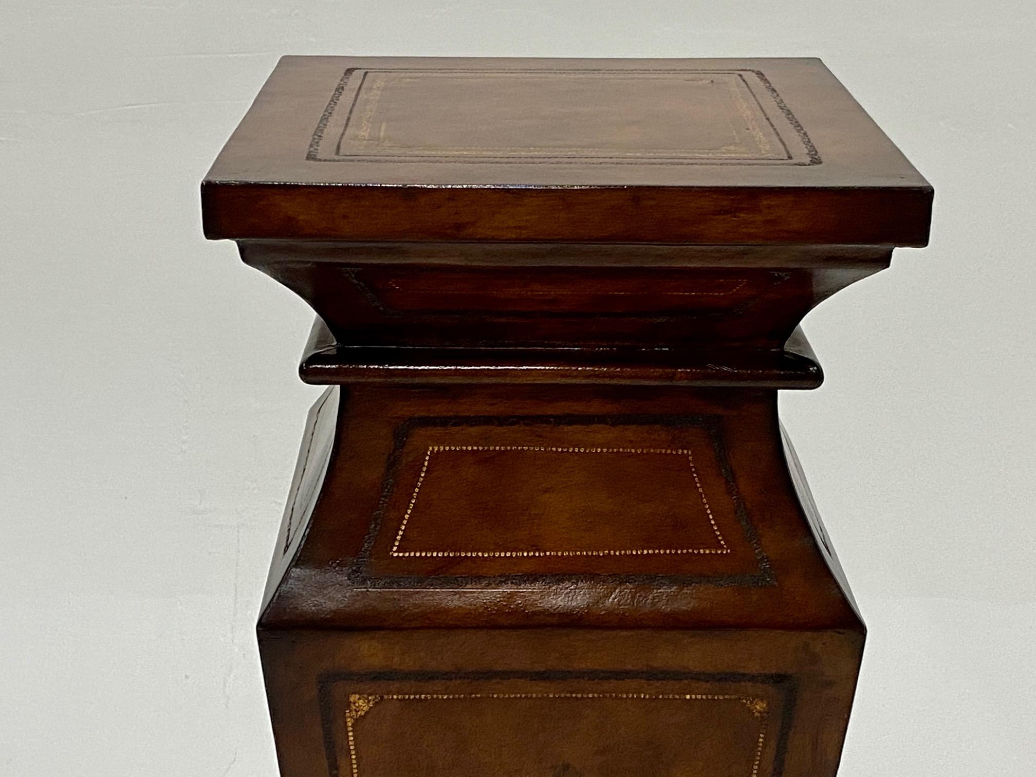 Stately Pair of Leather Wrapped Pedestals with Gold Embossed Decoration In Good Condition In Hopewell, NJ