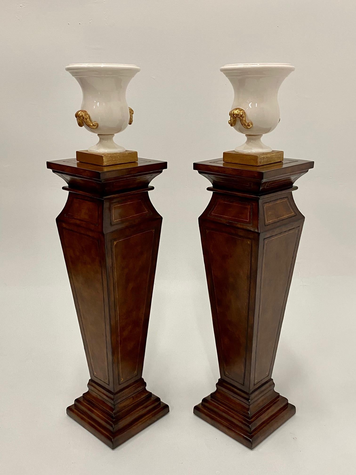 Stately Pair of Leather Wrapped Pedestals with Gold Embossed Decoration 2