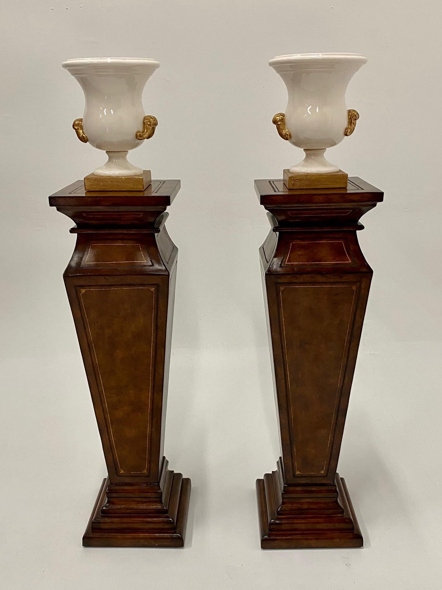 Stately Pair of Leather Wrapped Pedestals with Gold Embossed Decoration 3