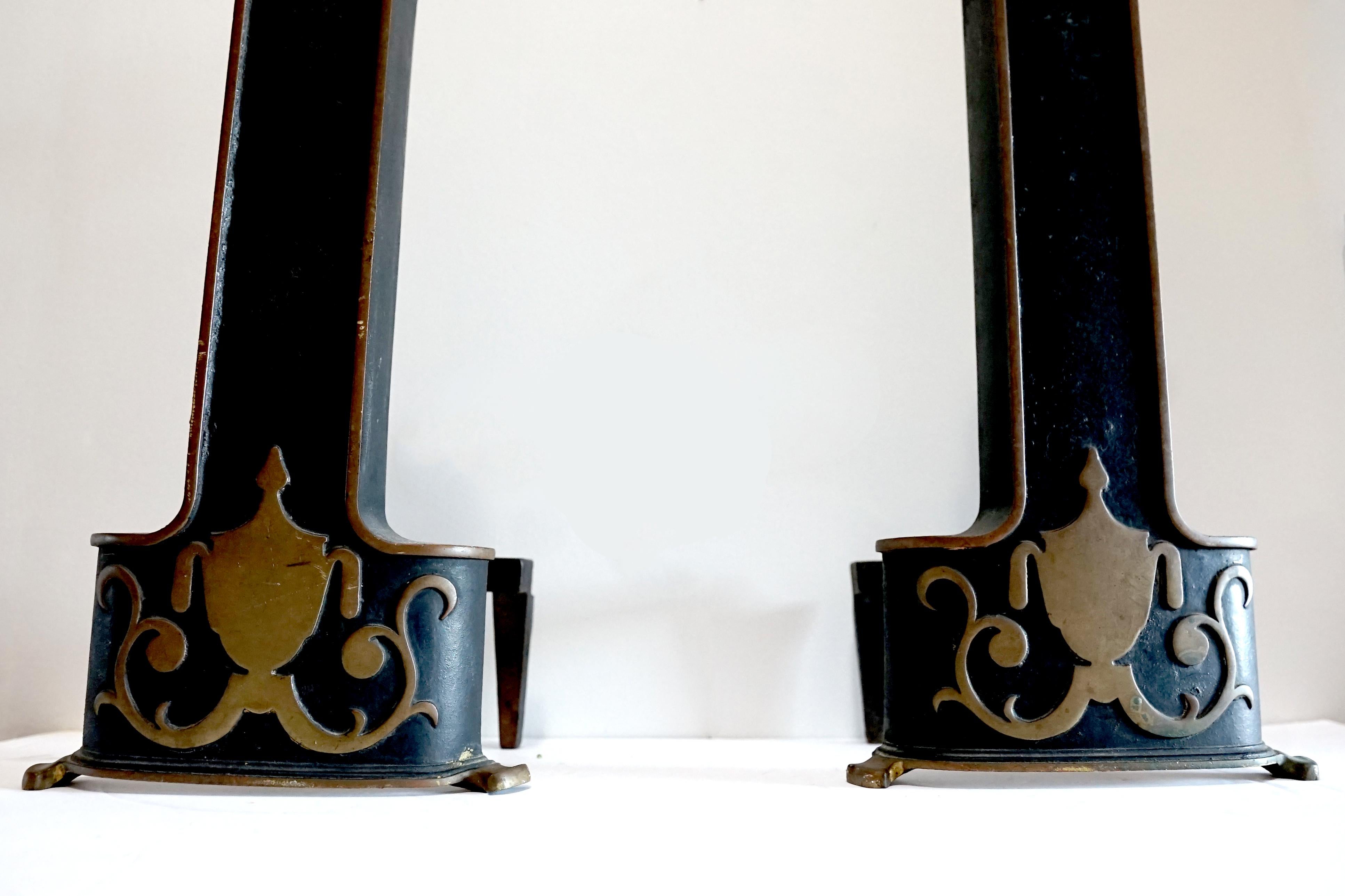Pair of Neo Classical Style Iron, Ebonized Andirons with Urn Form Motif For Sale 3