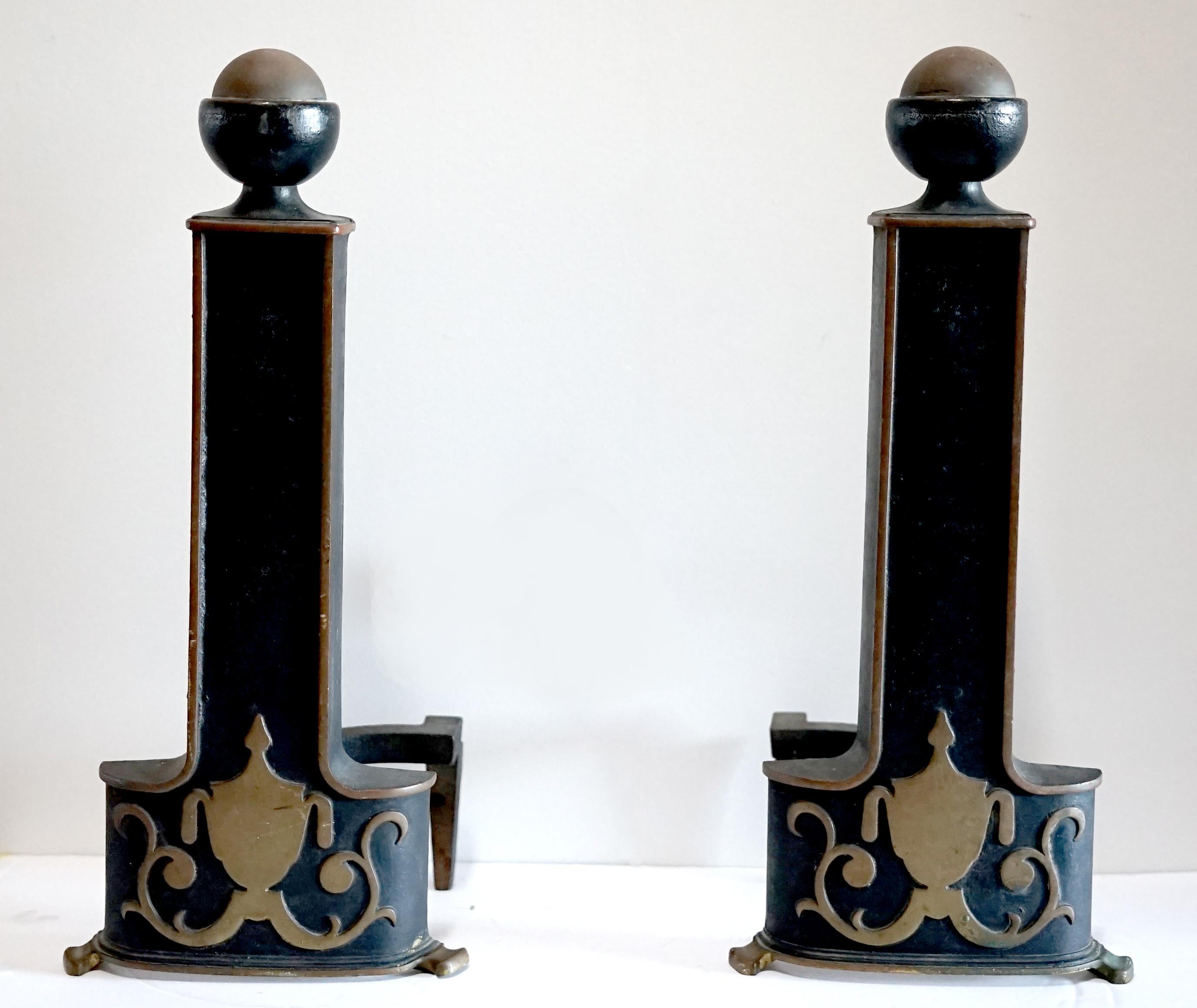 Pair of Neo Classical Style Iron, Ebonized Andirons with Urn Form Motif For Sale 6