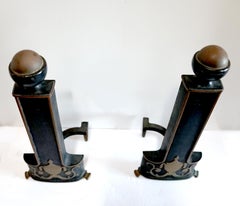 Pair of Neo Classical Style Iron, Ebonized Andirons with Urn Form Motif