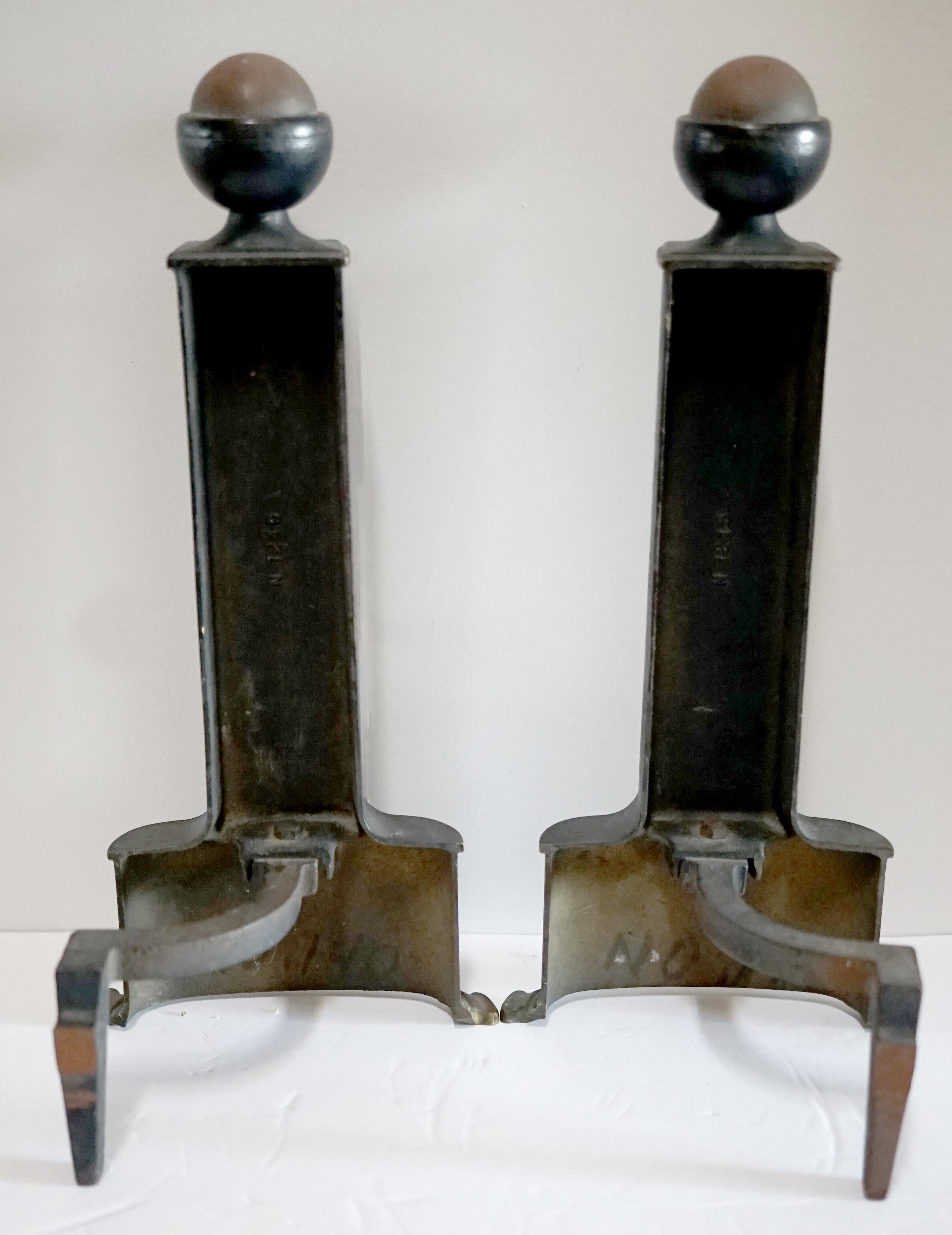 20th Century Pair of Neo Classical Style Iron, Ebonized Andirons with Urn Form Motif For Sale