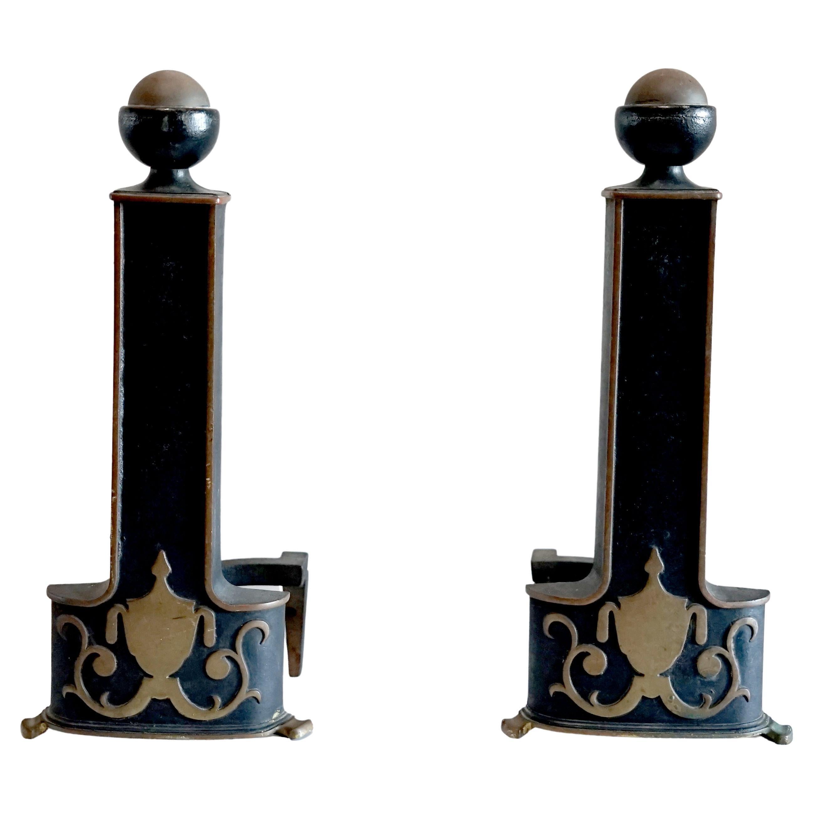 Pair of Neo Classical Style Iron, Ebonized Andirons with Urn Form Motif For Sale