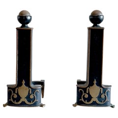 Pair of Neo Classical Style Iron, Ebonized Andirons with Urn Form Motif