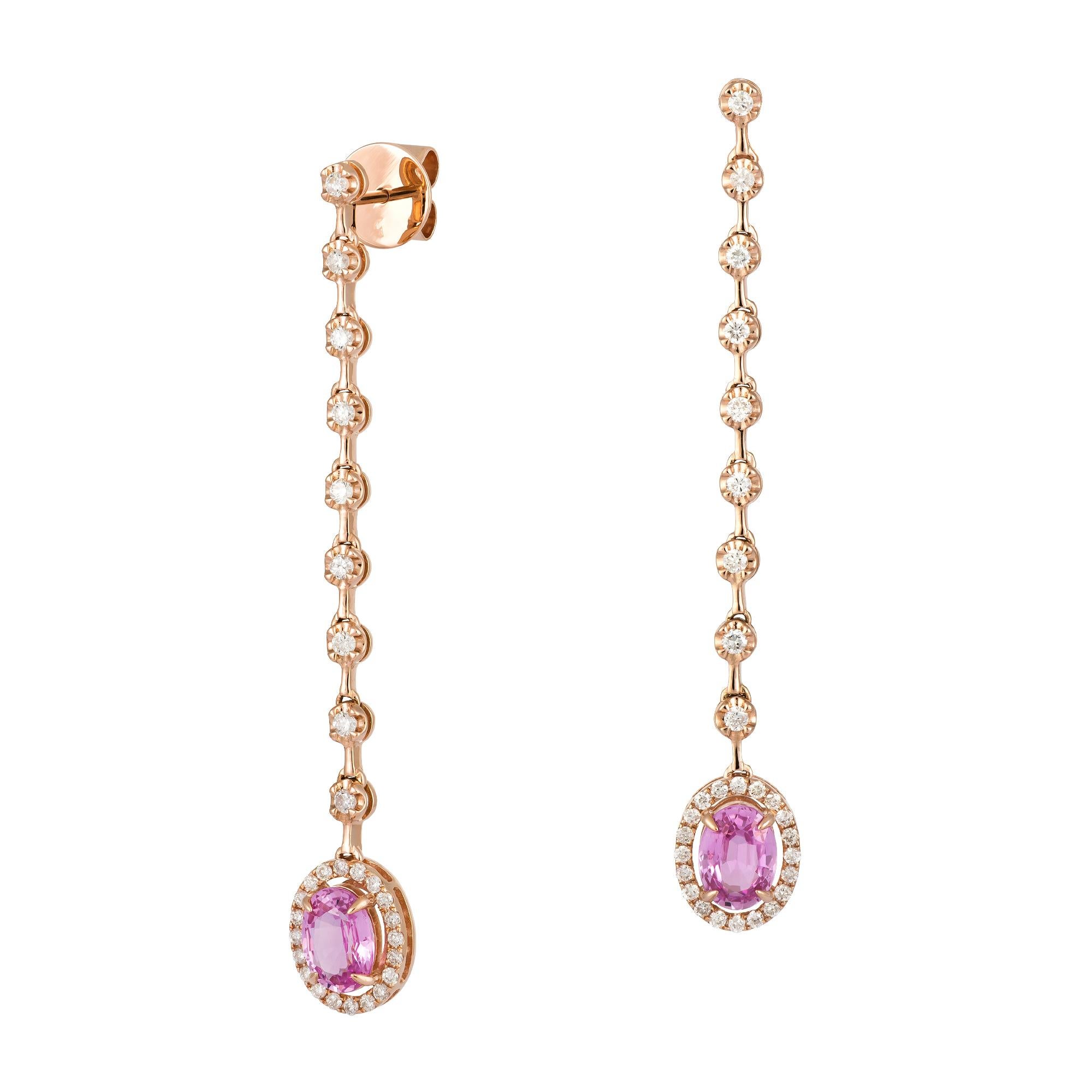 EARRING 18K Pink Gold Diamond 0.57 Cts/59 Pcs Pink Sapphire 1.81 Cts/2 Pcs