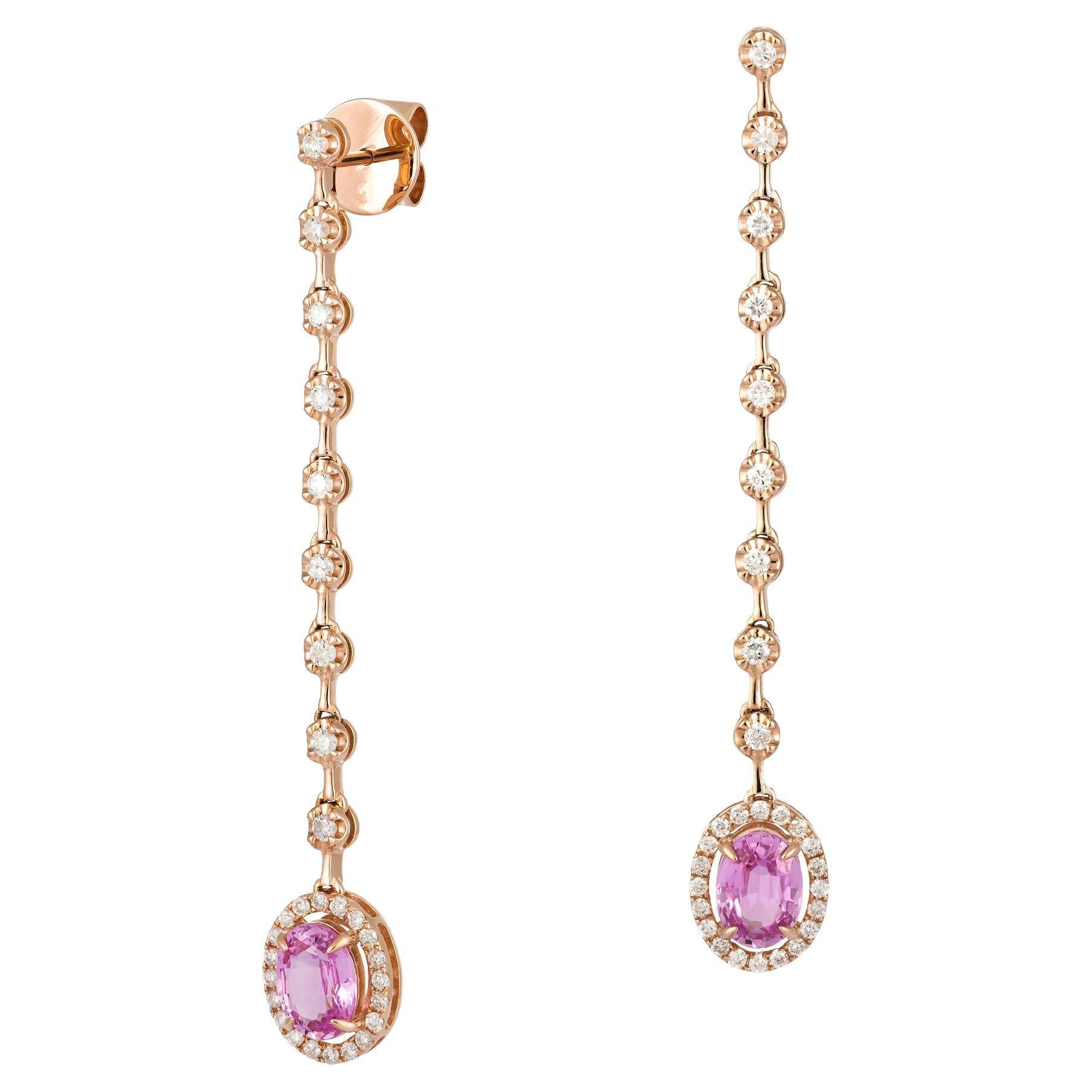 Stately Pink Gold 18K Earrings Pink Sapphire Diamond for Her For Sale