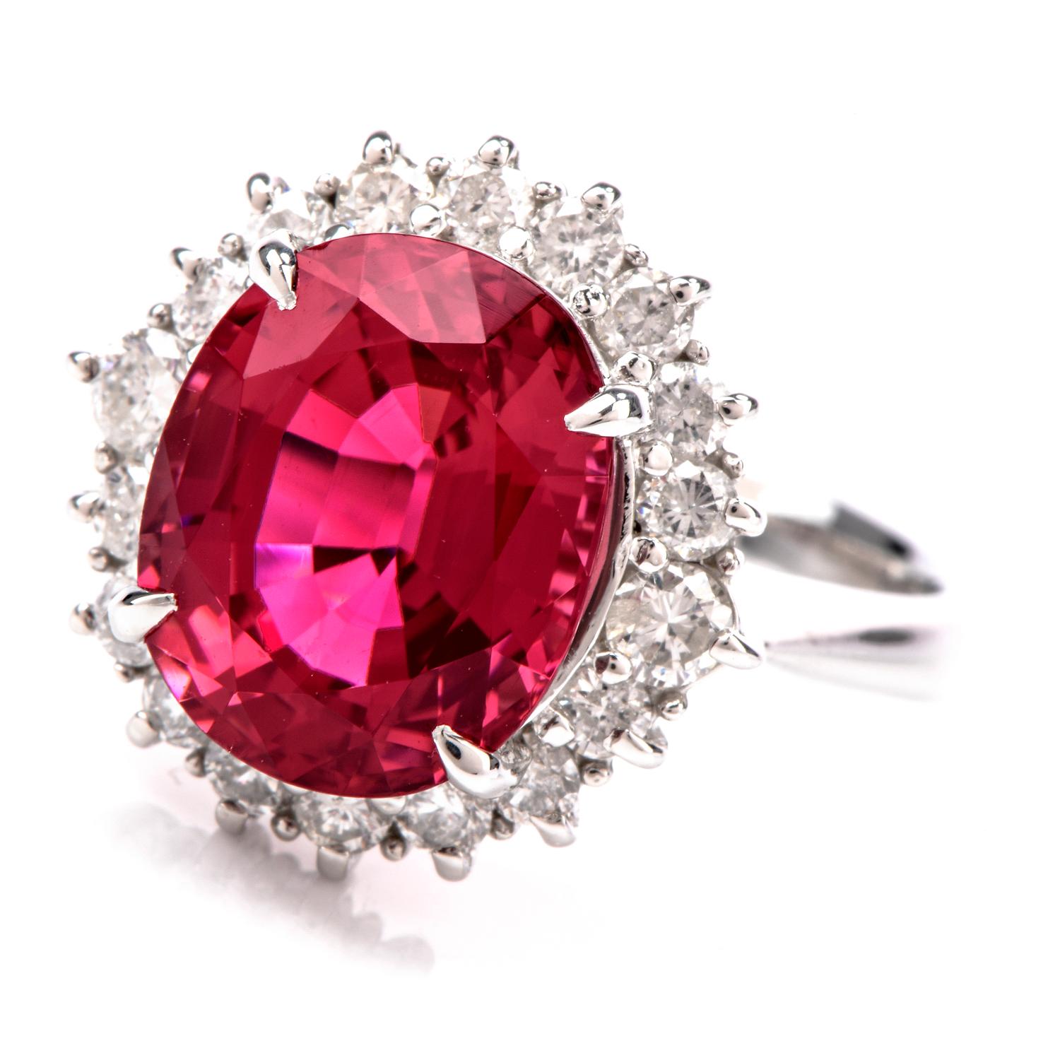 Art Deco Stately Pink Tourmaline and Diamond Platinum Halo Ring