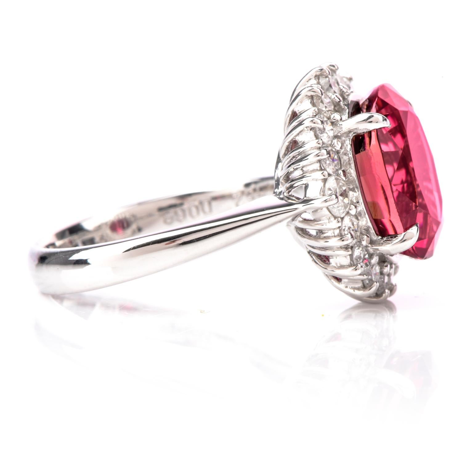 Stately Pink Tourmaline and Diamond Platinum Halo Ring In Excellent Condition In Miami, FL