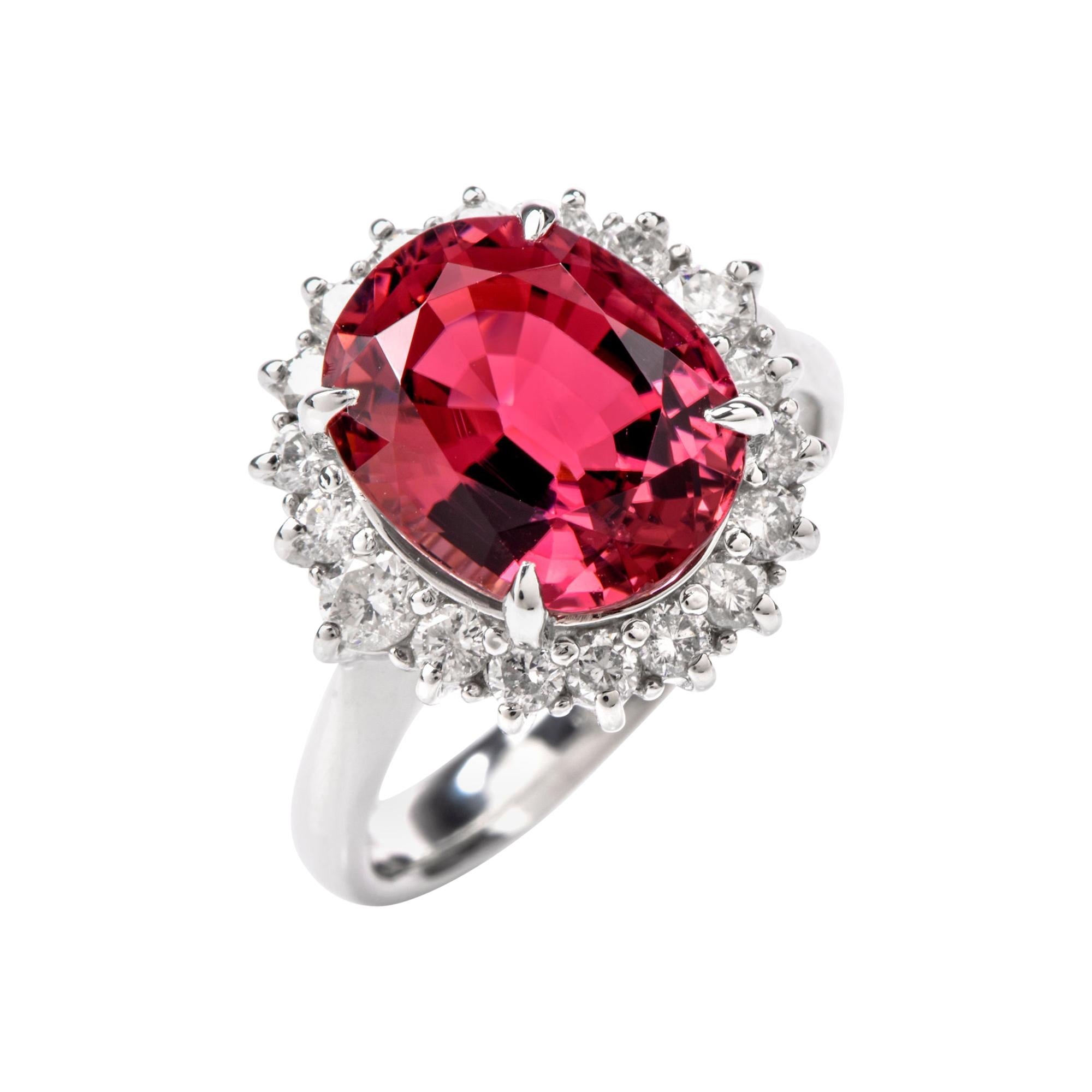 Stately Pink Tourmaline and Diamond Platinum Halo Ring