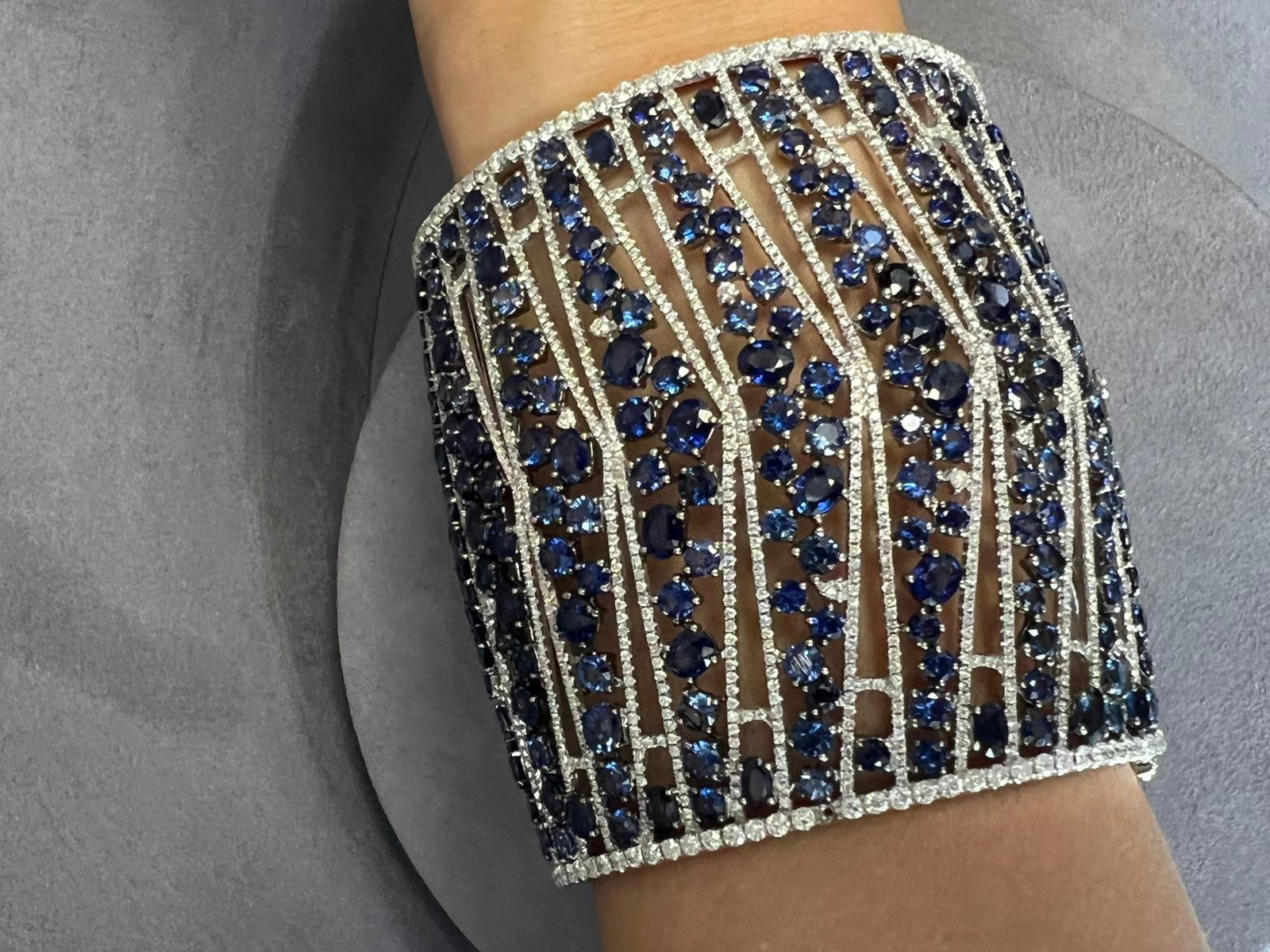 Mixed Cut Statement 109.90 Carat Sapphire and Diamond Extra Large Wide Cuff Bangle For Sale