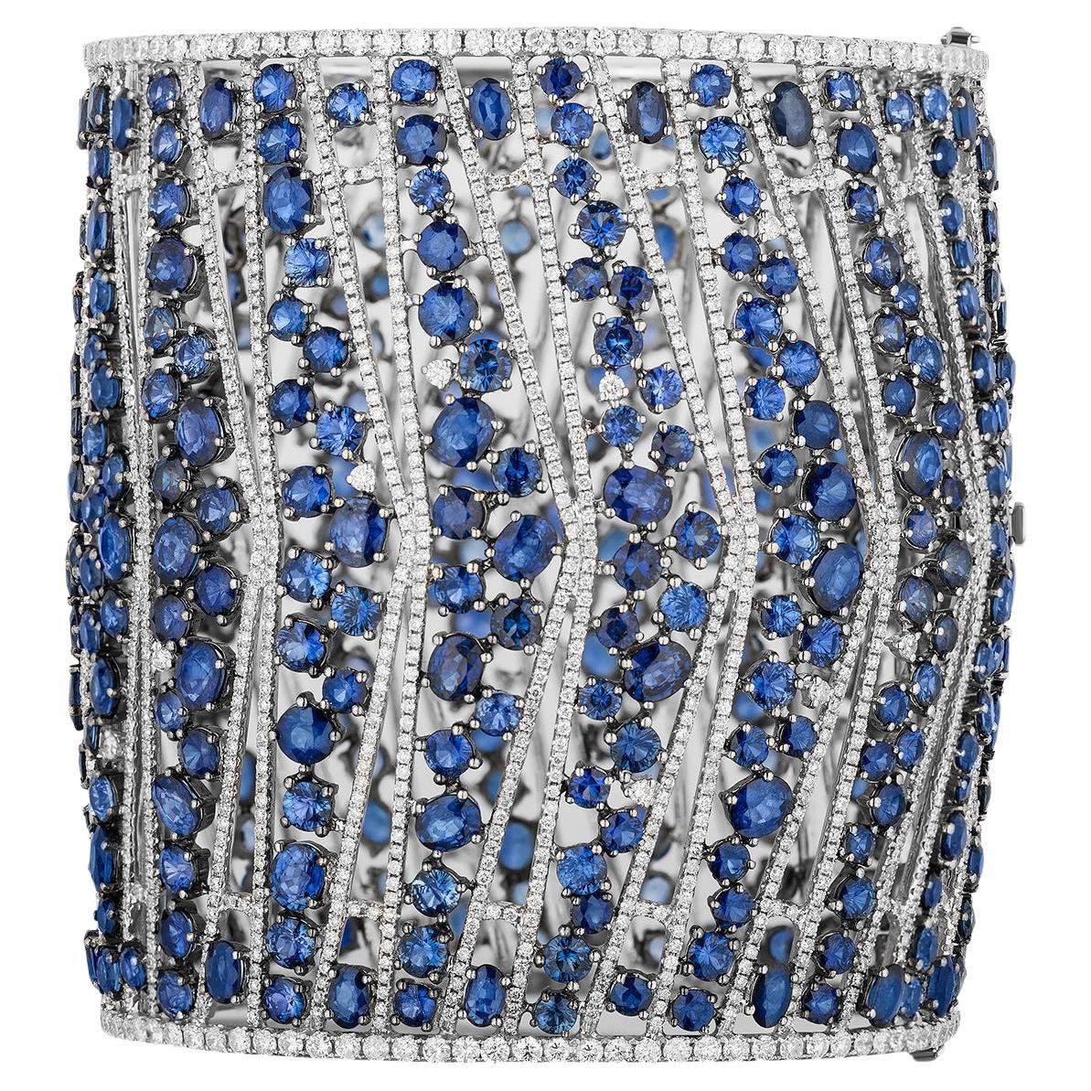 Statement 109.90 Carat Sapphire and Diamond Extra Large Wide Cuff Bangle For Sale