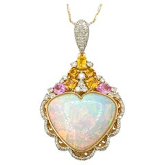 Statement 13.50ct Heart Shape Opal, Sapphire & Diamond Pendant in Yellow Gold