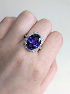 Statement 13x10mm, 9cts Tanzanite Ring w Natural Diamond Halo in Solid 14K Gold