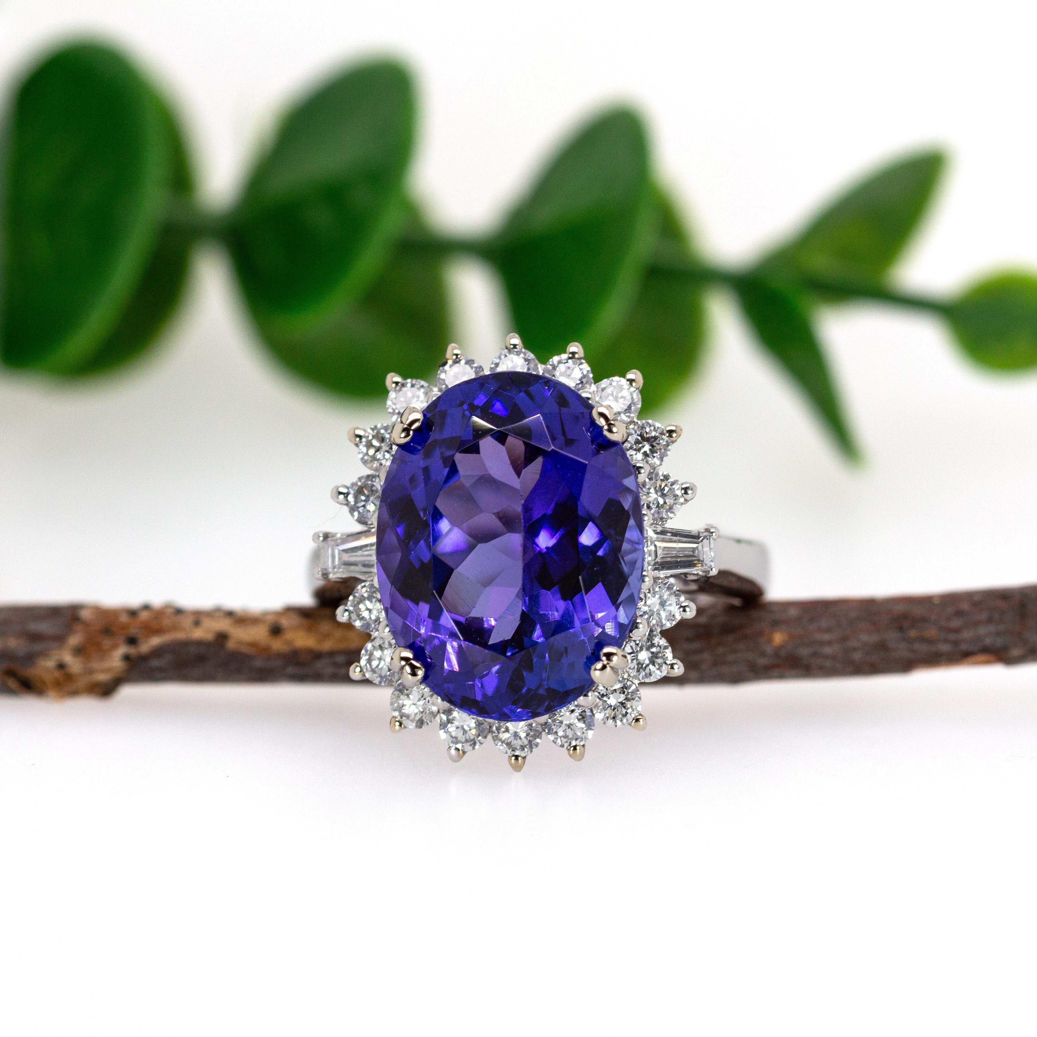 Oval Cut Statement 13x10mm, 9cts Tanzanite Ring w Natural Diamond Halo in Solid 14K Gold For Sale