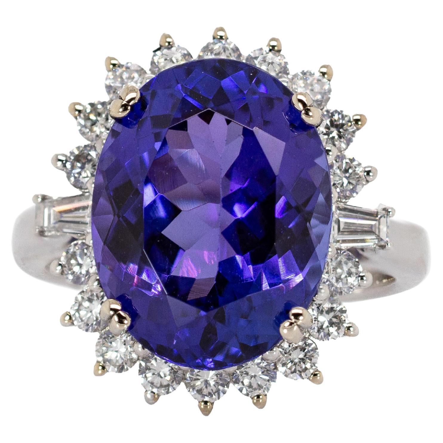 Statement 13x10mm, 9cts Tanzanite Ring w Natural Diamond Halo in Solid 14K Gold