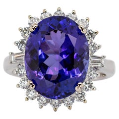 Statement 13x10mm, 9cts Tanzanite Ring w Natural Diamond Halo in Solid 14K Gold