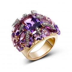 Statement 14. 72 ct Amethyst Diamond Band Yellow 18k Gold Ring for Her
