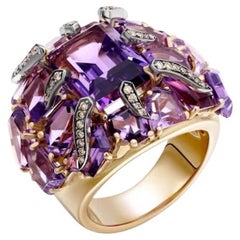 Statement 14. 72 ct Amethyst Diamond Band Yellow 18k Gold Ring for Her