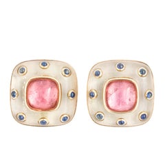 Statement 14 Karat Gold Sapphire Tourmaline Cabochon Rock Crystal Earrings