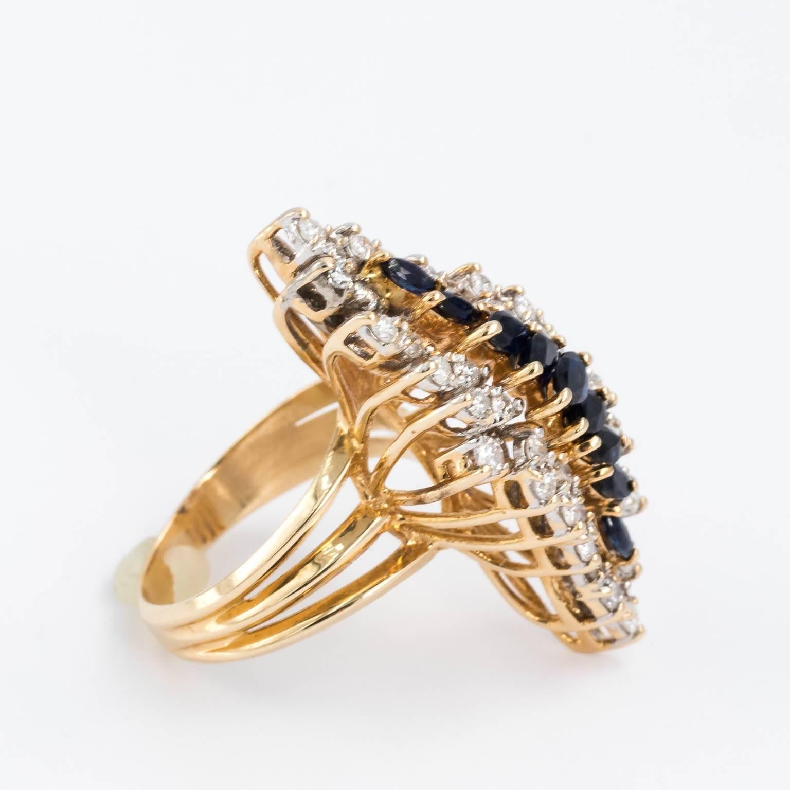 Modern Statement 14 Karat Yellow Gold Sapphire Diamond 2.18 Carat Elongate Lady's Ring