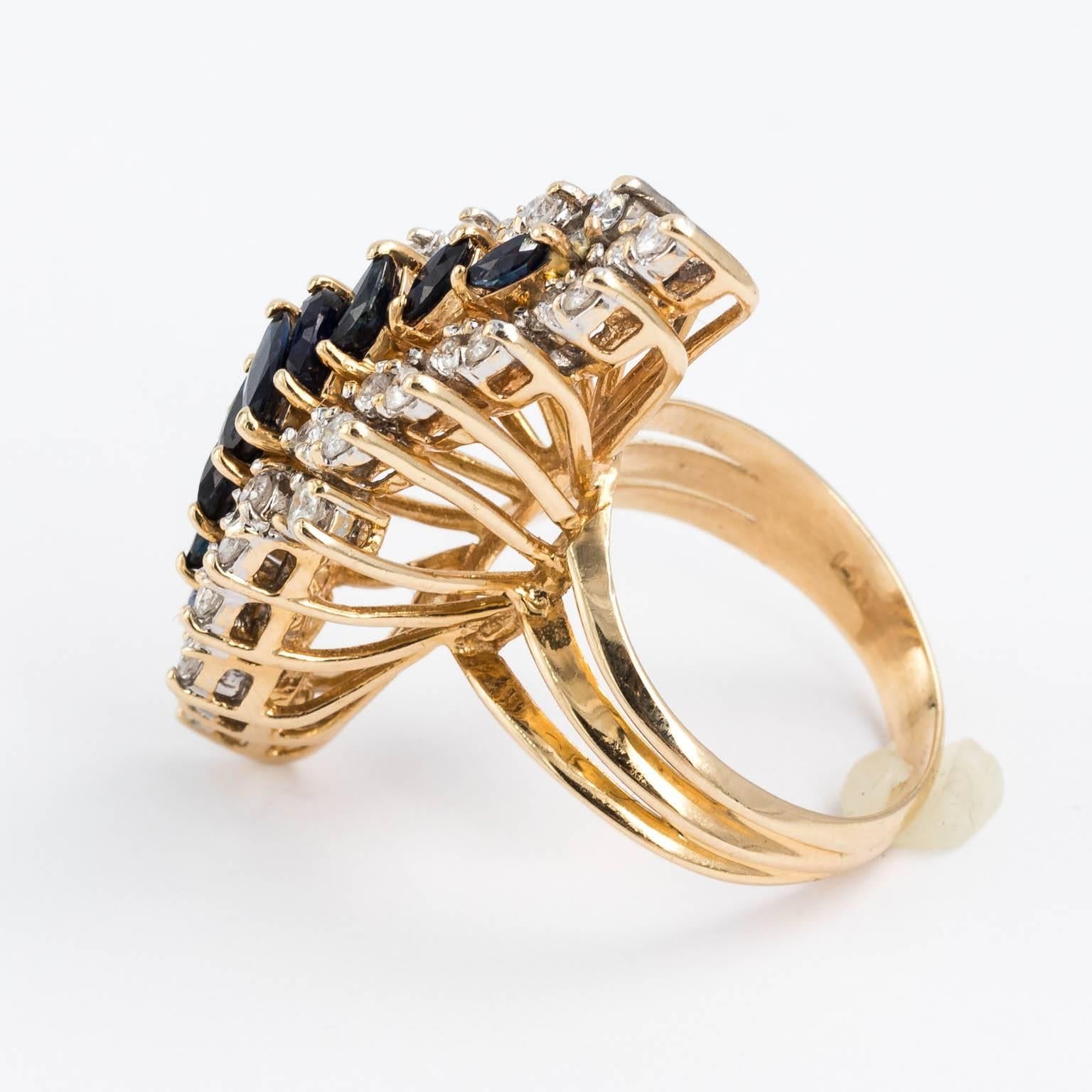 Women's Statement 14 Karat Yellow Gold Sapphire Diamond 2.18 Carat Elongate Lady's Ring