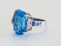 Statement 17.09ct Oval Blue Topaz & White Quartz Fine Sterling Silver Ring