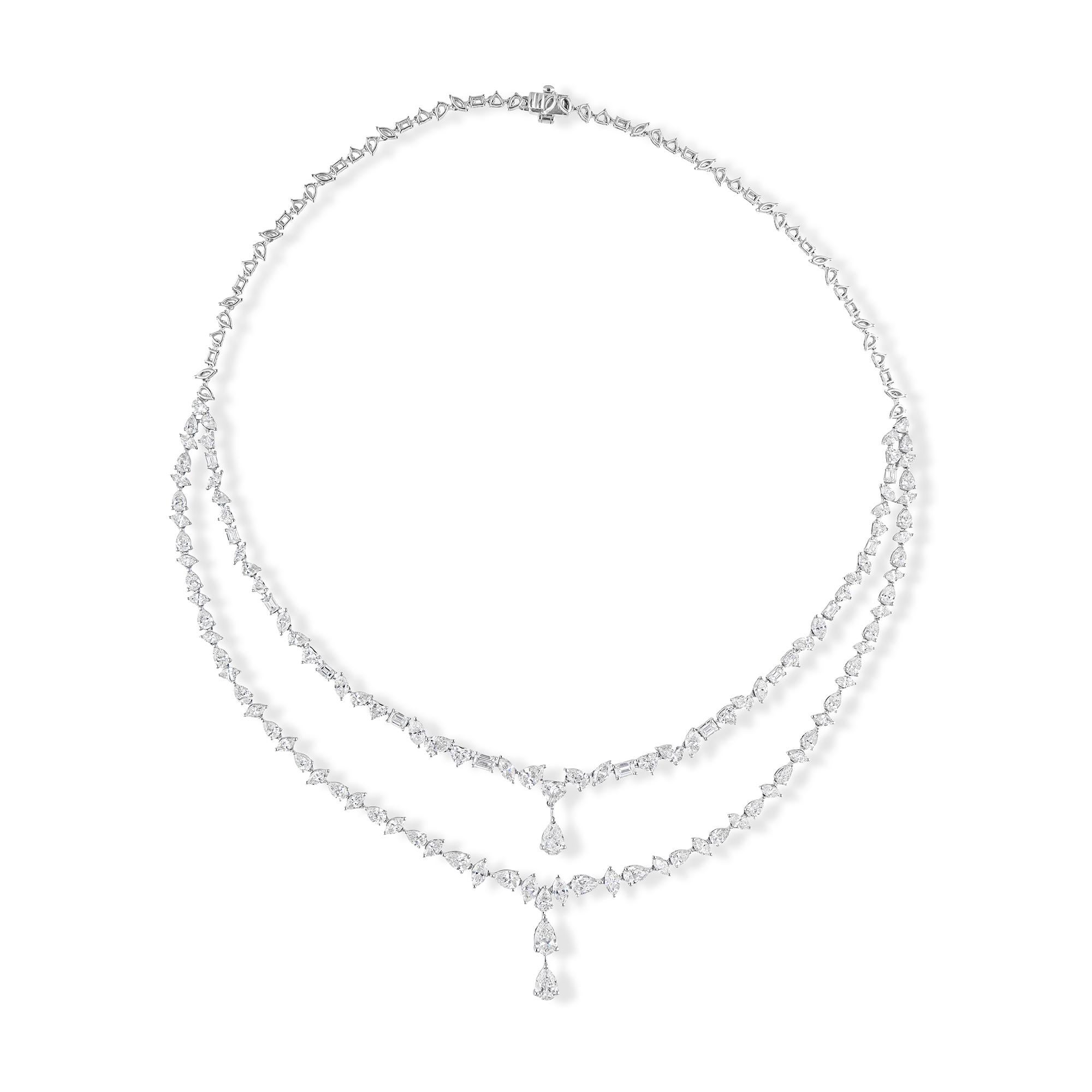 Mixed Cut Statement 17.62ct Natural Diamond Double Layered Bridal Necklace 18k White Gold For Sale