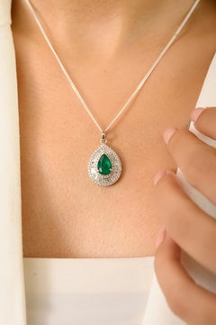Statement 1.78 CT Pear Shaped Emerald & Diamond Halo Drop Pendant 14k White Gold